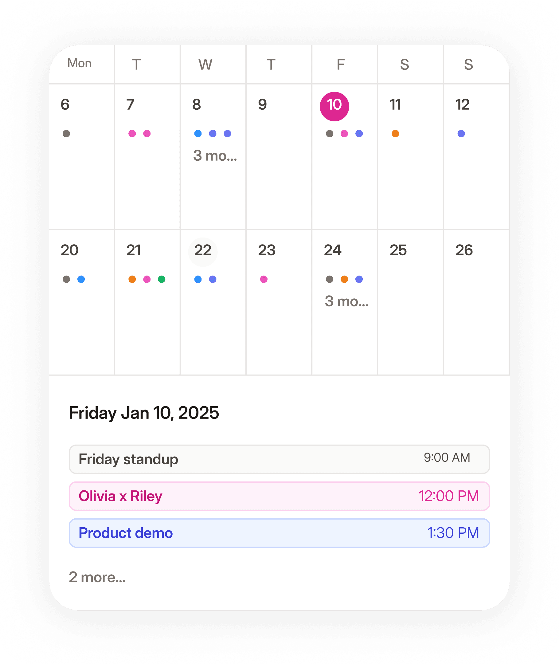 A digital calendar interface showing the week of January 6 to 12, 2025, with January 10 highlighted.