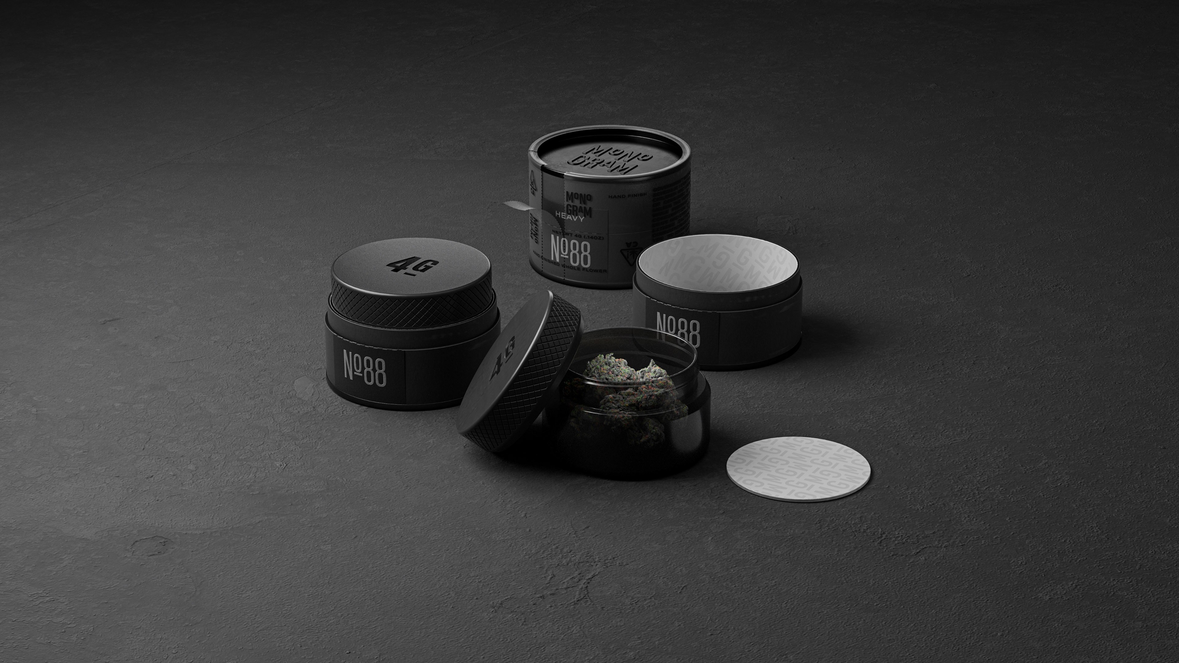 3D render showing the Monogram 4G product packaging in three states: sealed, unsealed and open.