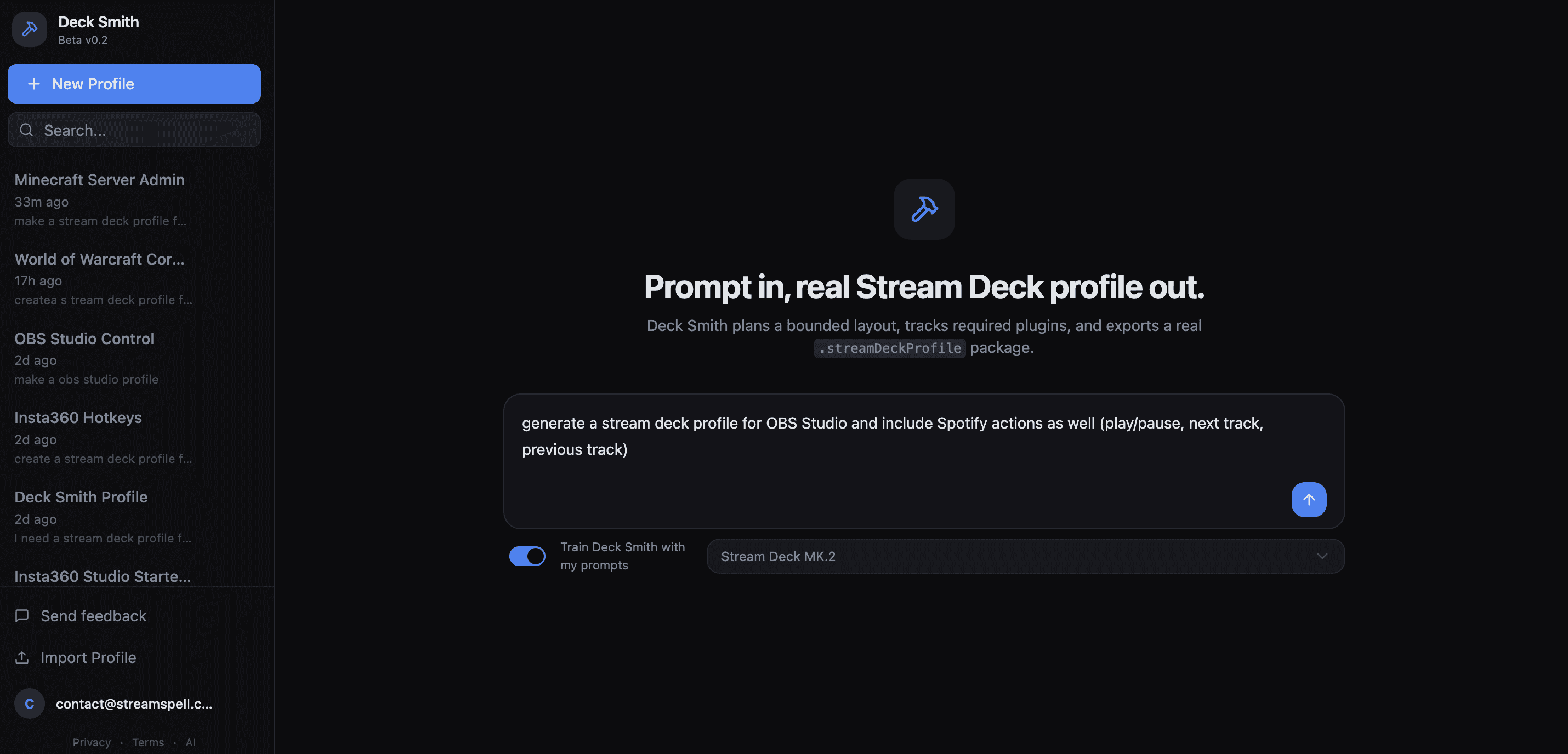 Deck Smith prompt dashboard showing an AI Stream Deck profile generator with a text prompt field and device selector.