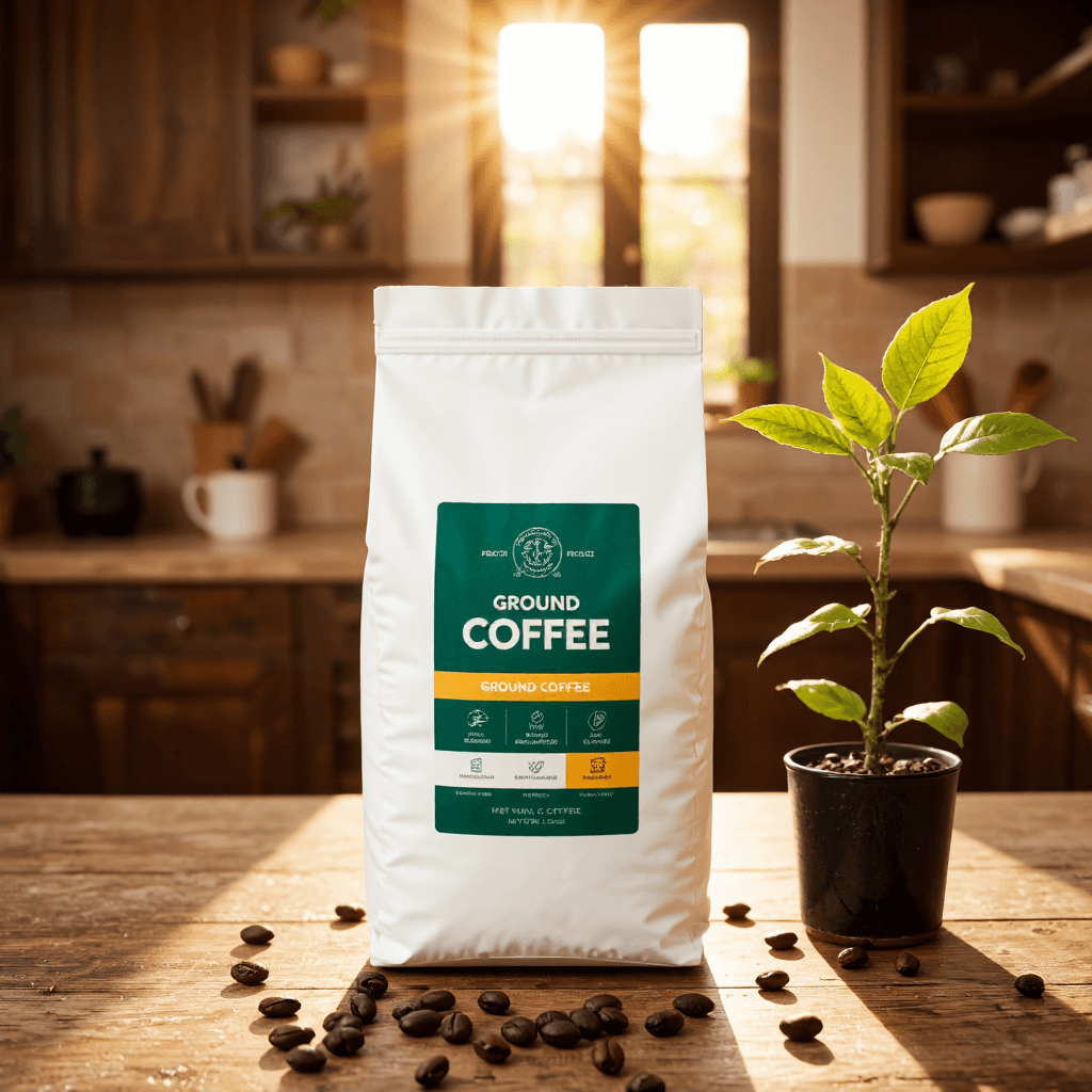 product photography of a bag of ground coffee