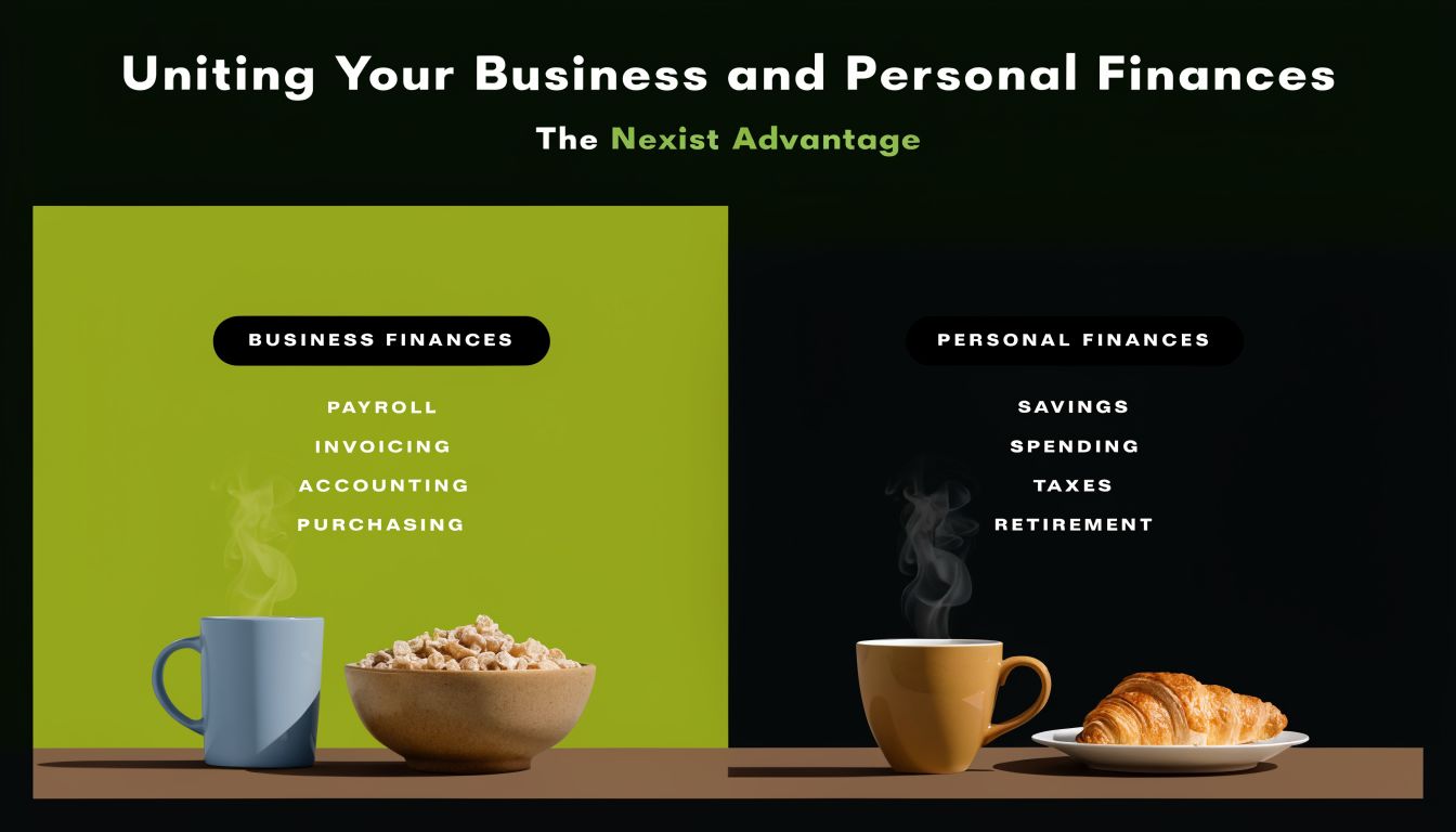 A graphic comparing business finance tasks with personal finance categories using breakfast-themed imagery.
