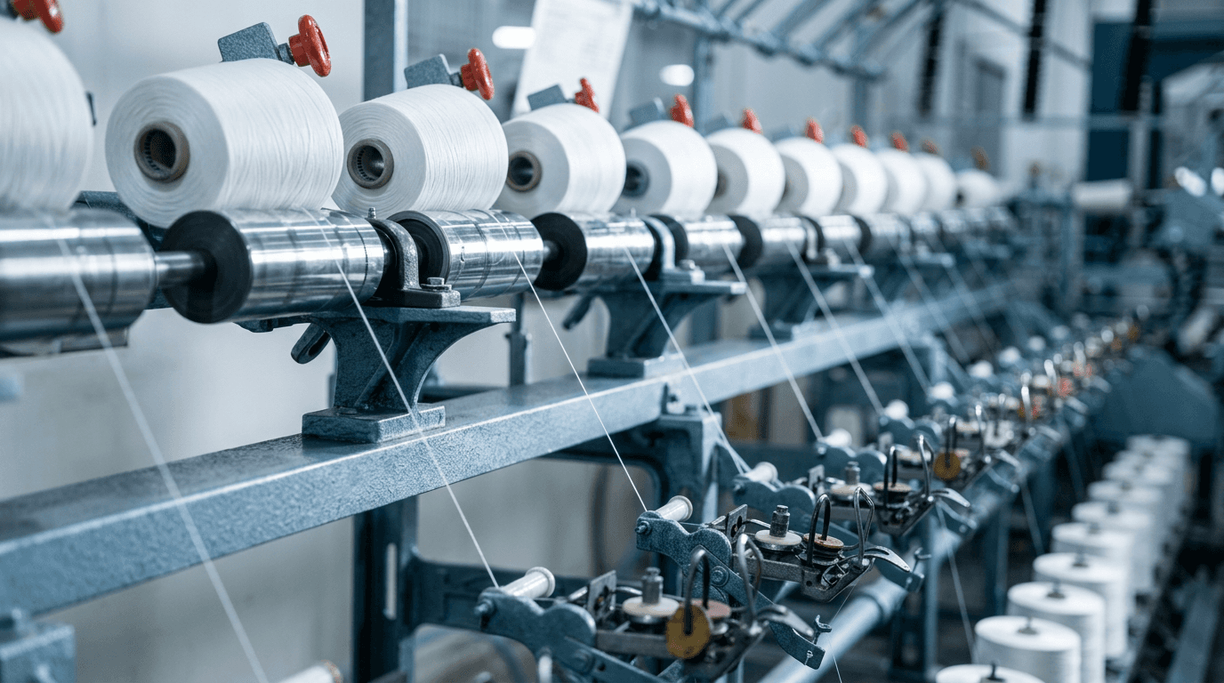 Industrial textile manufacturing line with polyester yarn spools feeding automated production machinery.