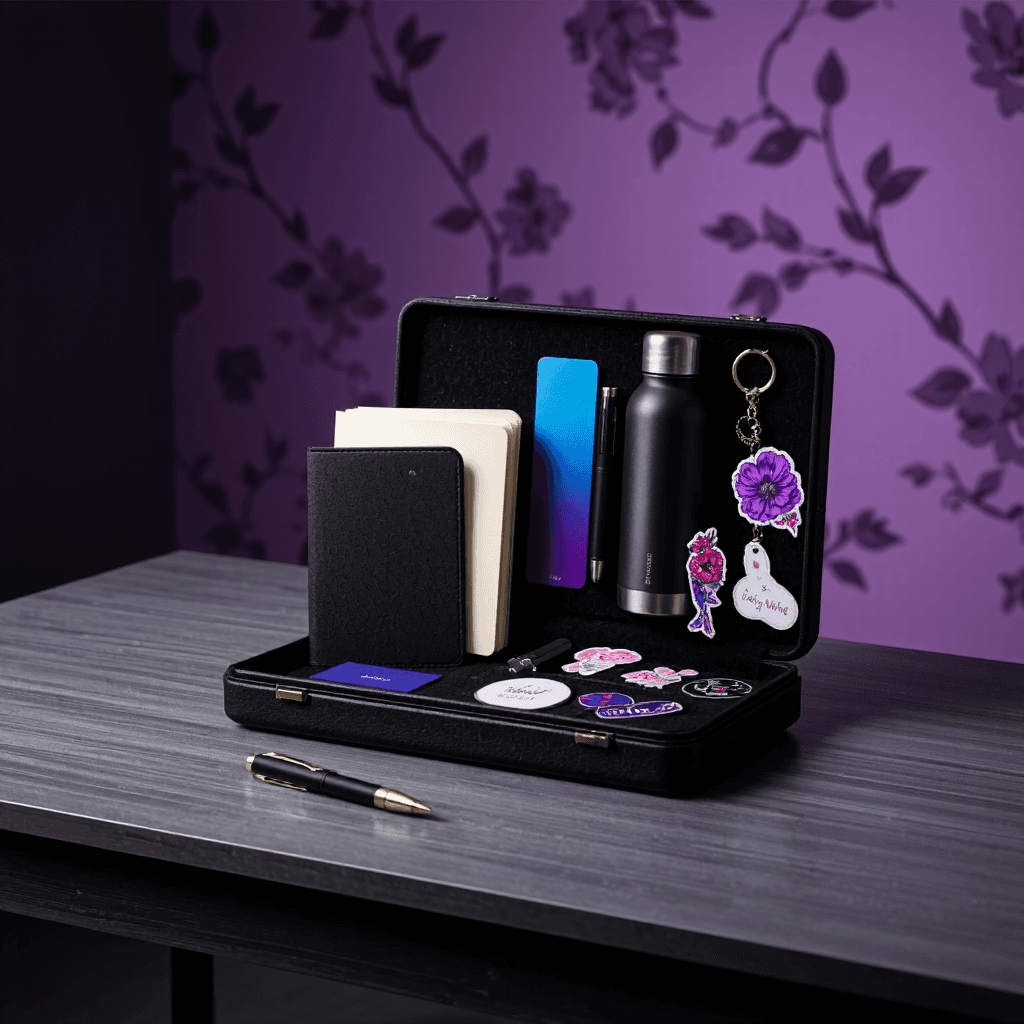 product photography of a set of writing accessories including a notebook, a pen, a water bottle, a keychain, and stickers, all presented in a decorative case