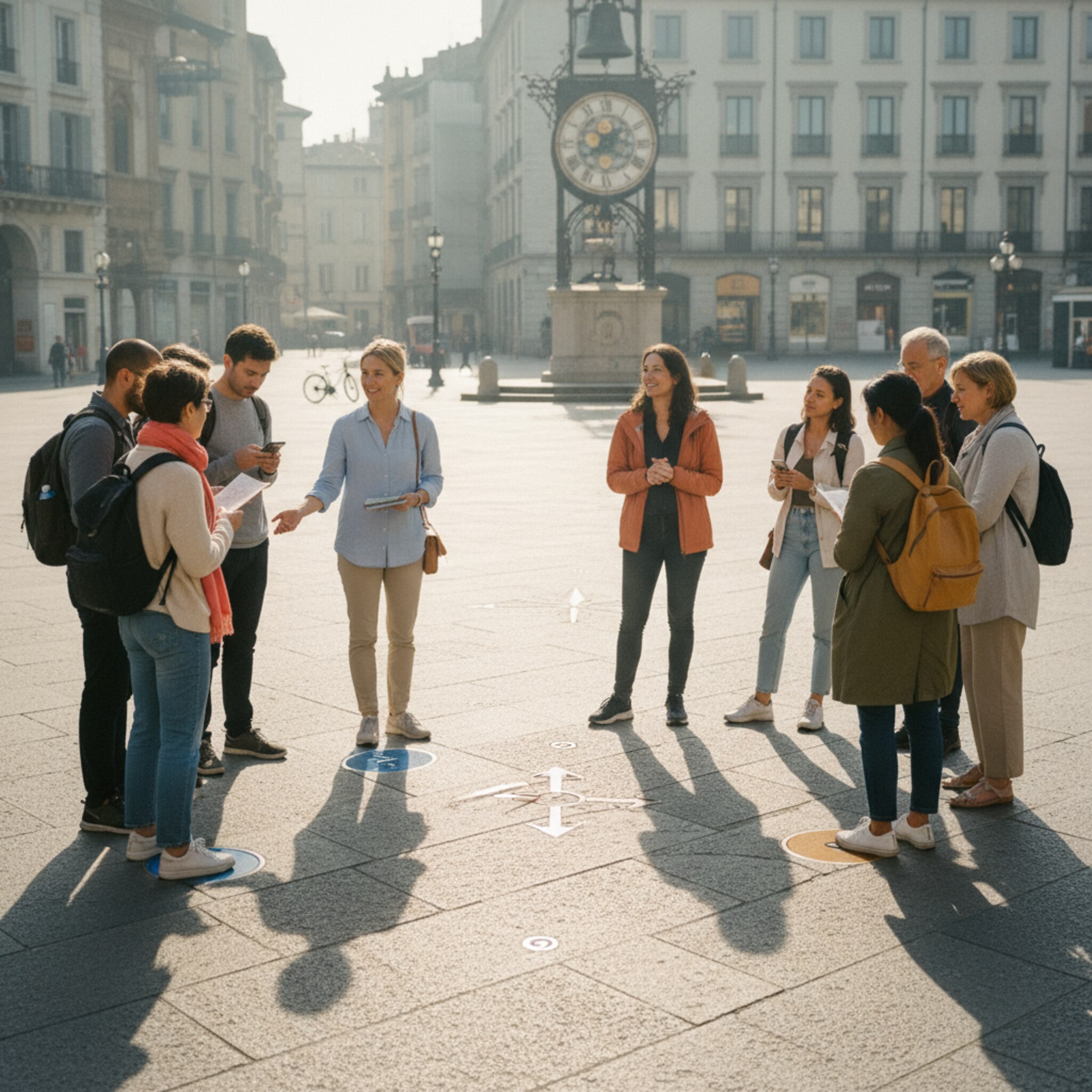 Auf einem weiten Platz sortieren sich zwei Stadtführungsgruppen an verschieden markierten Ecken, während ein Guide ruhig Teilnehmer anspricht. Glockenschlag legt einen klaren Rhythmus über die Szene. Markierungen auf Pflastersteinen zeigen Routen. Die Atmosphäre ist geordnet, erwartungsfroh und ohne Hektik.