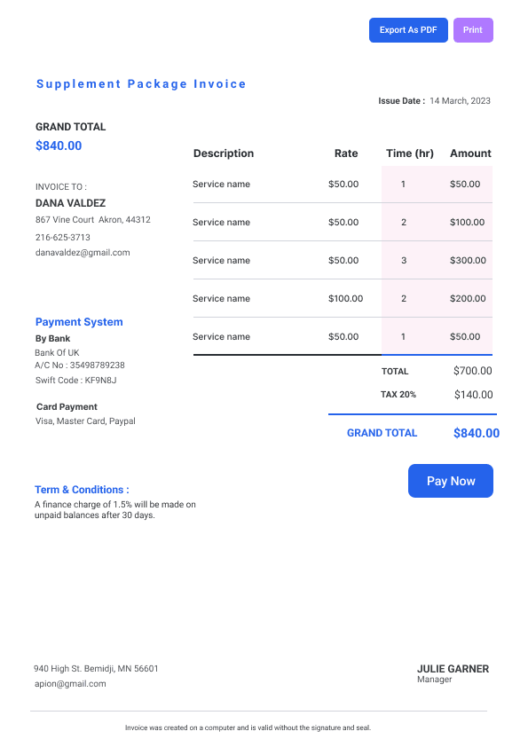 Supplement Package Invoice