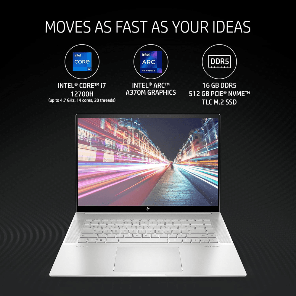 HP Envy 12th Gen Intel Core i7-16 inch(40.6cm) UHD+OLED Multi-Touch Eye Safe Display (16GB RAM/512GB SSD/400 nits/Win 11/A370M 4GB Graphics/5MP IR camera/Alexa/B&O/Backlit KB/MSO/1.32Kg)