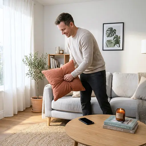 Monitoring Target seasonal exclusives and holiday decor with Whisprice; a man styles his living room while waiting for limited-run collections to drop in price or come back in stock.