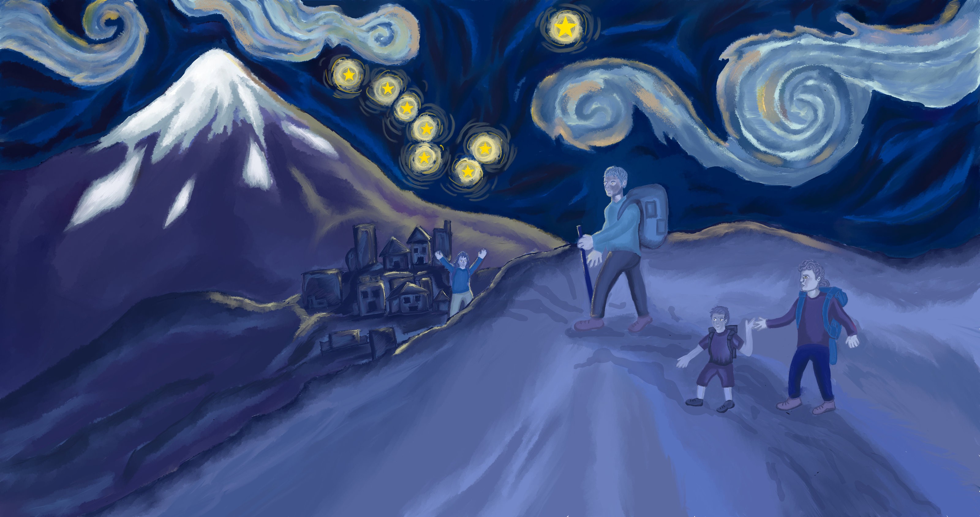 Painting by Chris Limeres of hikers on a snowy trail beneath a snow-capped mountain and a swirling night sky of golden stars, with a hillside village and a figure waving in the distance