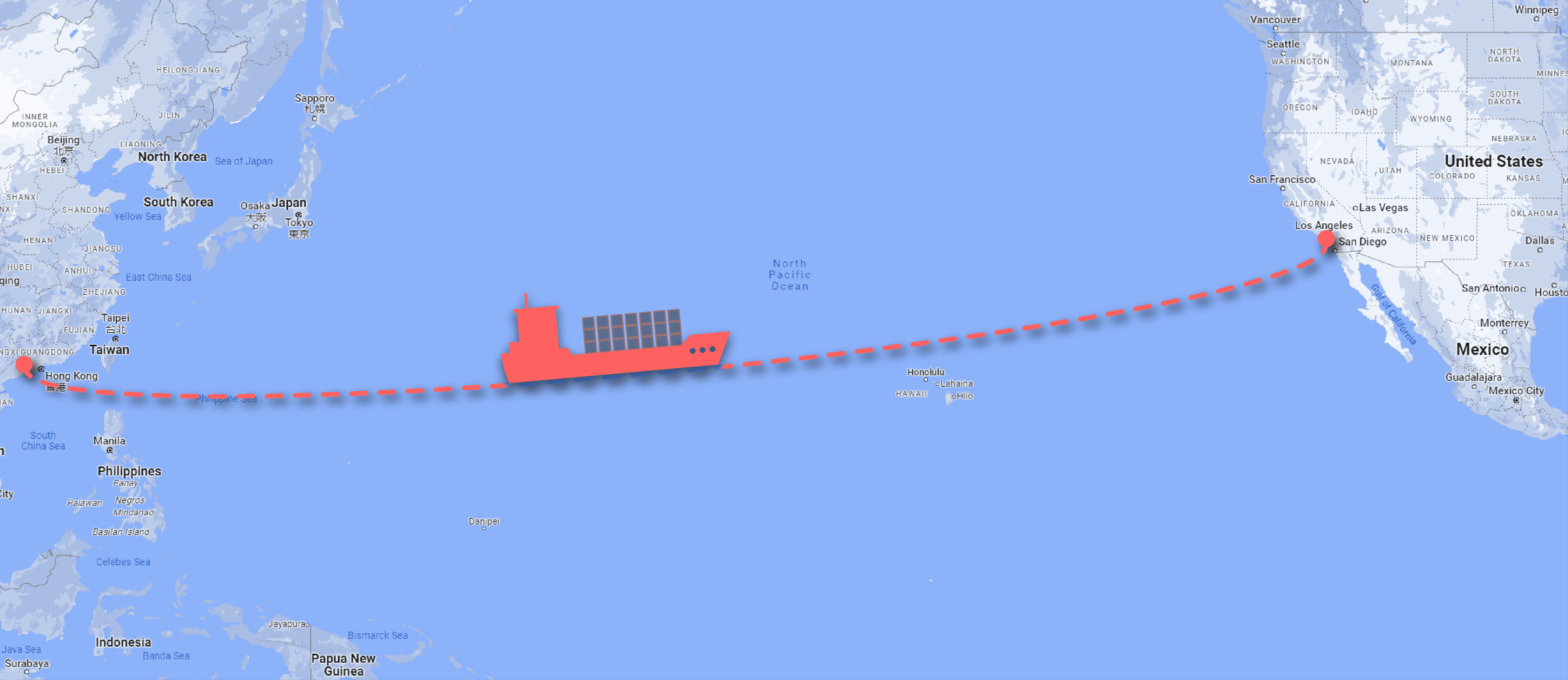 Diagram depicting a cargo ship transporting hotel modules, with its journey from China to Los Angeles traced by a red line on a map.