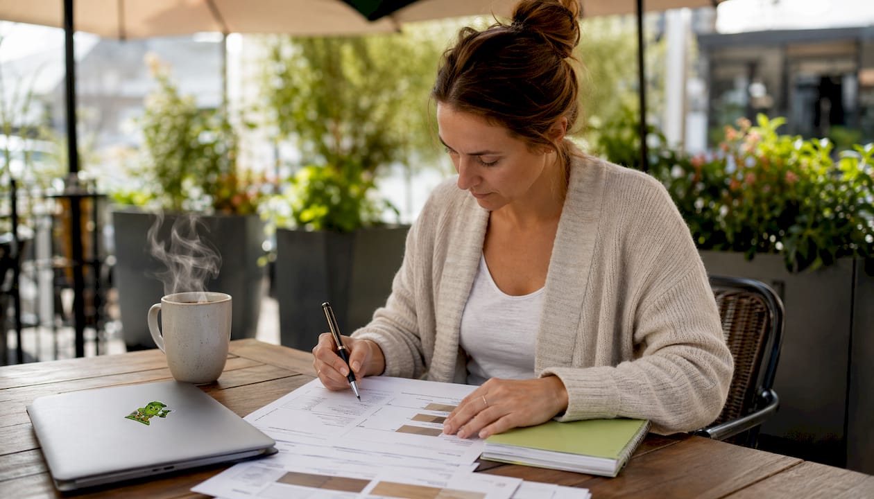 Woman reviewing decking material cost estimates at home