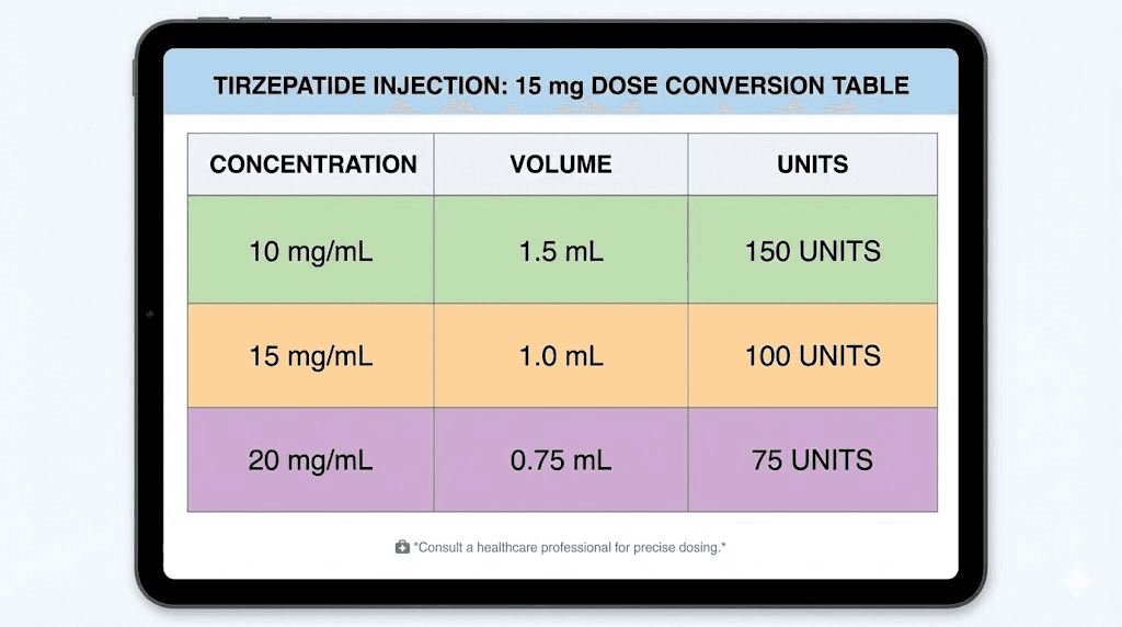 Tirzepatide 15 mg unit conversion chart by vial concentration