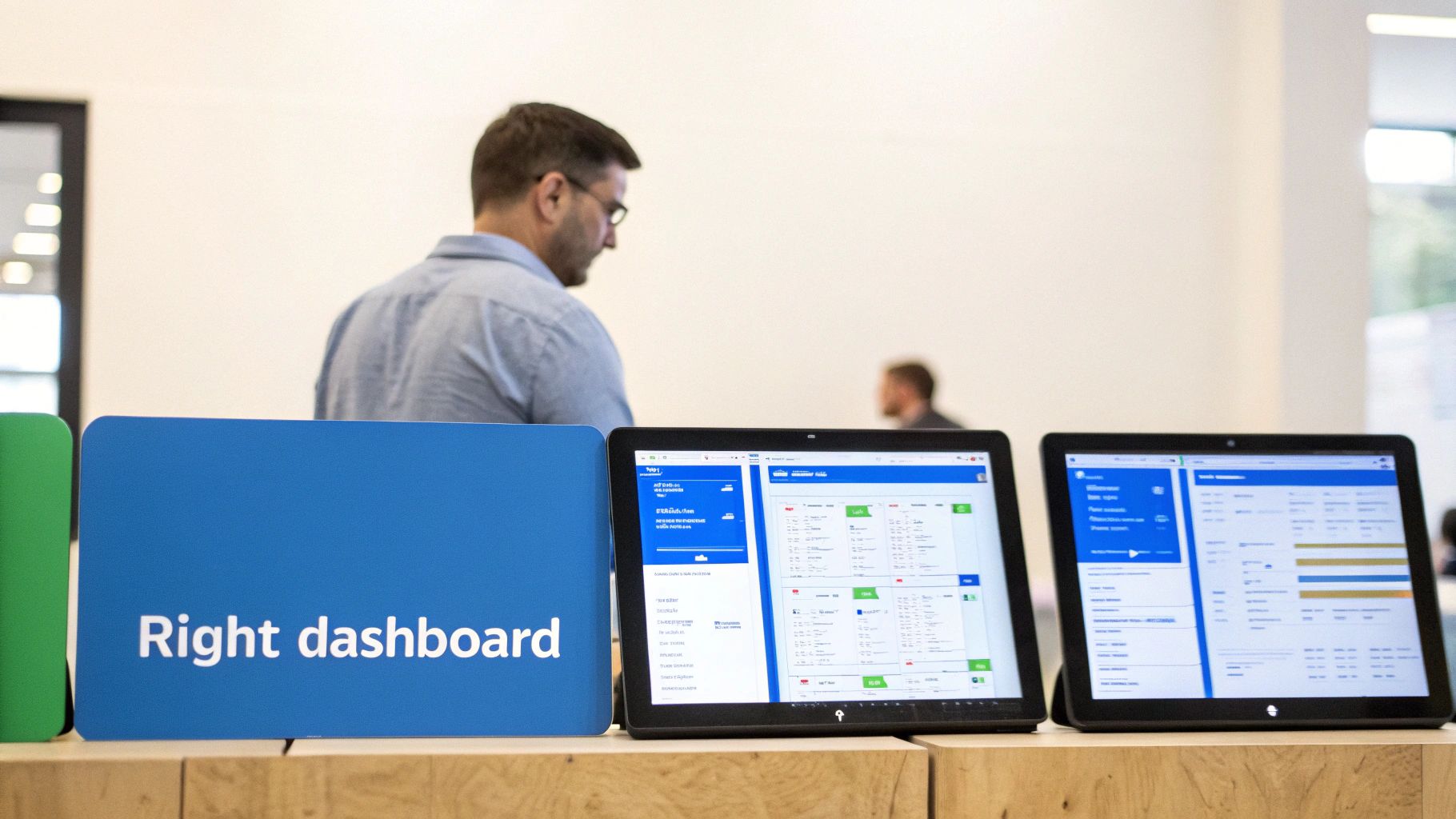Two tablets displaying data visualization dashboards with a man observing them in an office setting.