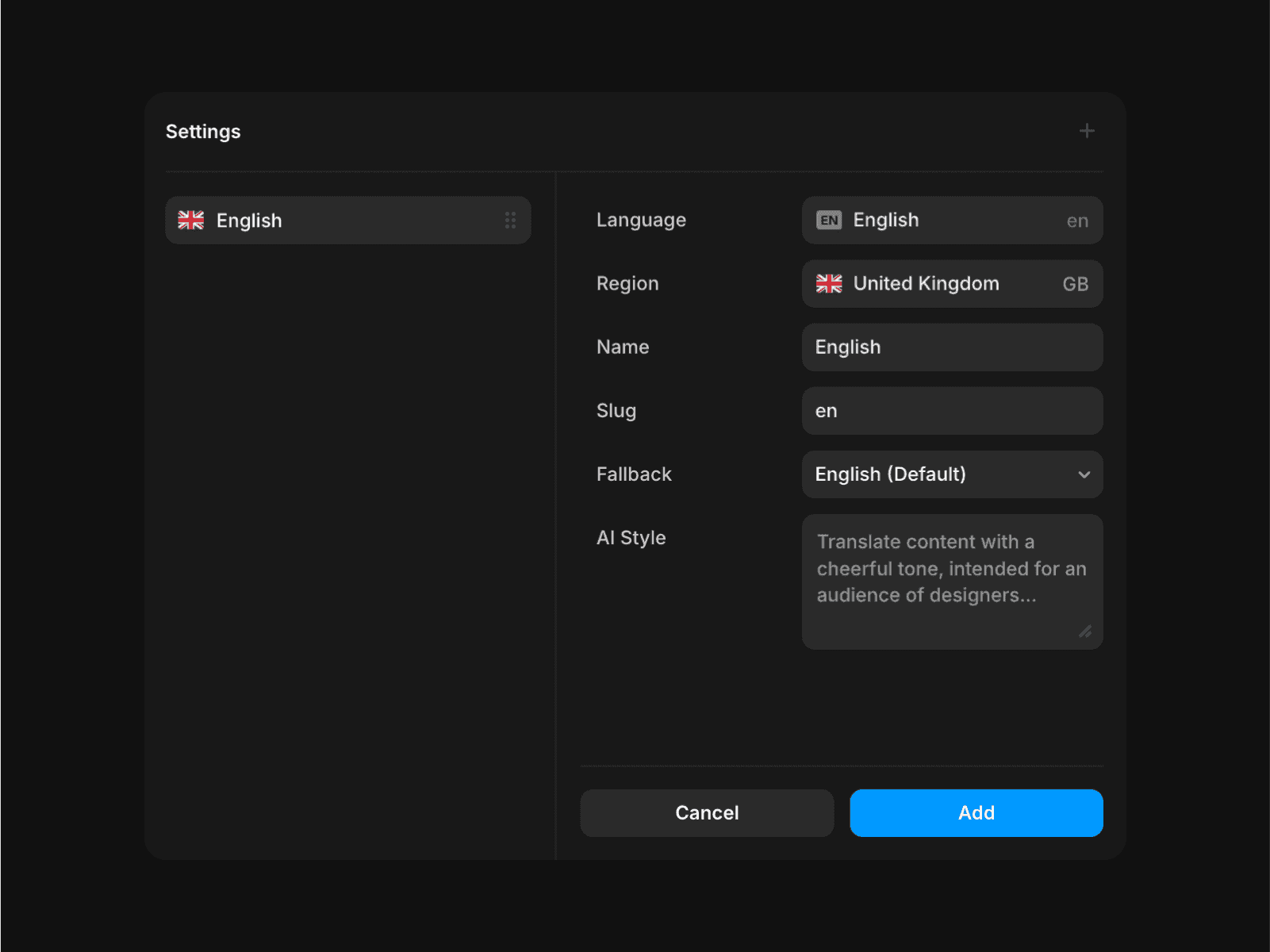 Framer 的语种配置界面，展示添加新语言的设置。左侧面板显示带有英国国旗图标的英语。右侧面板包含配置选项：语言（设为英语）、地区（英国）、名称（英语）、短标识符（en）、回退（英语默认），以及用于自定义翻译语气的 AI 风格文本框。底部有取消和添加按钮。