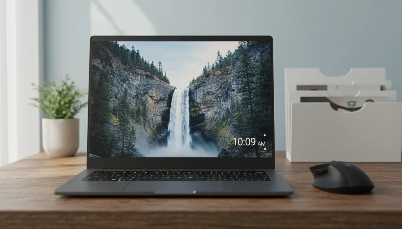 DSLR photography of a sleek, dark charcoal laptop for graphic designers, open on a textured wooden desk. The illuminated screen displays a vibrant wallpaper of a waterfall cascading down a rocky, forested cliff, with a placeholder digital clock UI element. In the background, a green potted plant, a black ergonomic mouse, and a white magazine holder sit against a light blue wall. The scene is bathed in soft, natural daylight, with a shallow depth of field creating a gentle bokeh effect on the background elements.