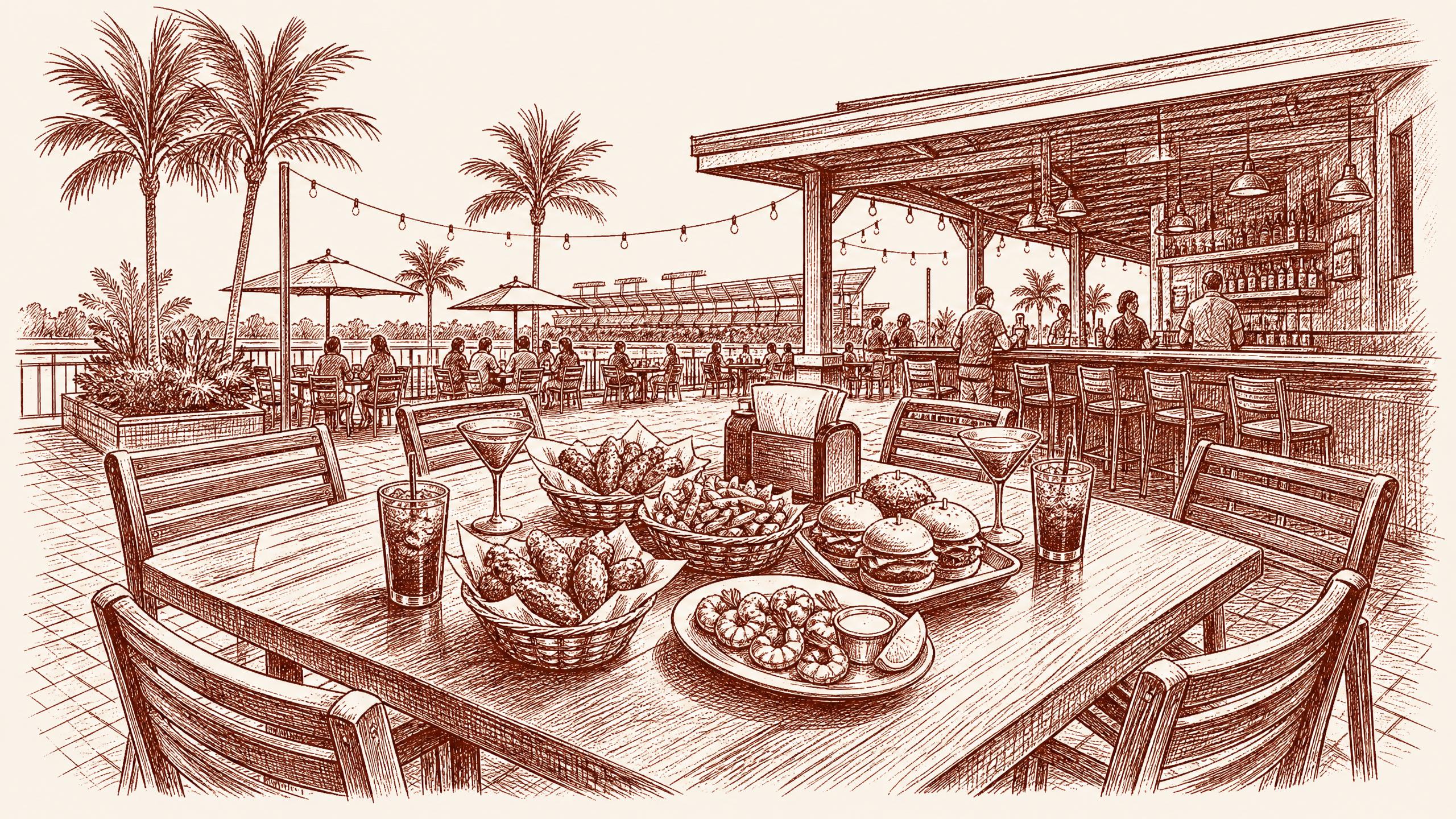 A single pregame table set for a group, with baskets of wings, restaurants near raymond james stadium