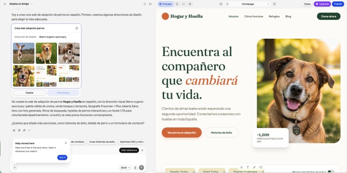 Editor de Lovable con el chat a la izquierda y la vista previa de una web de adopción de perros a la derecha
