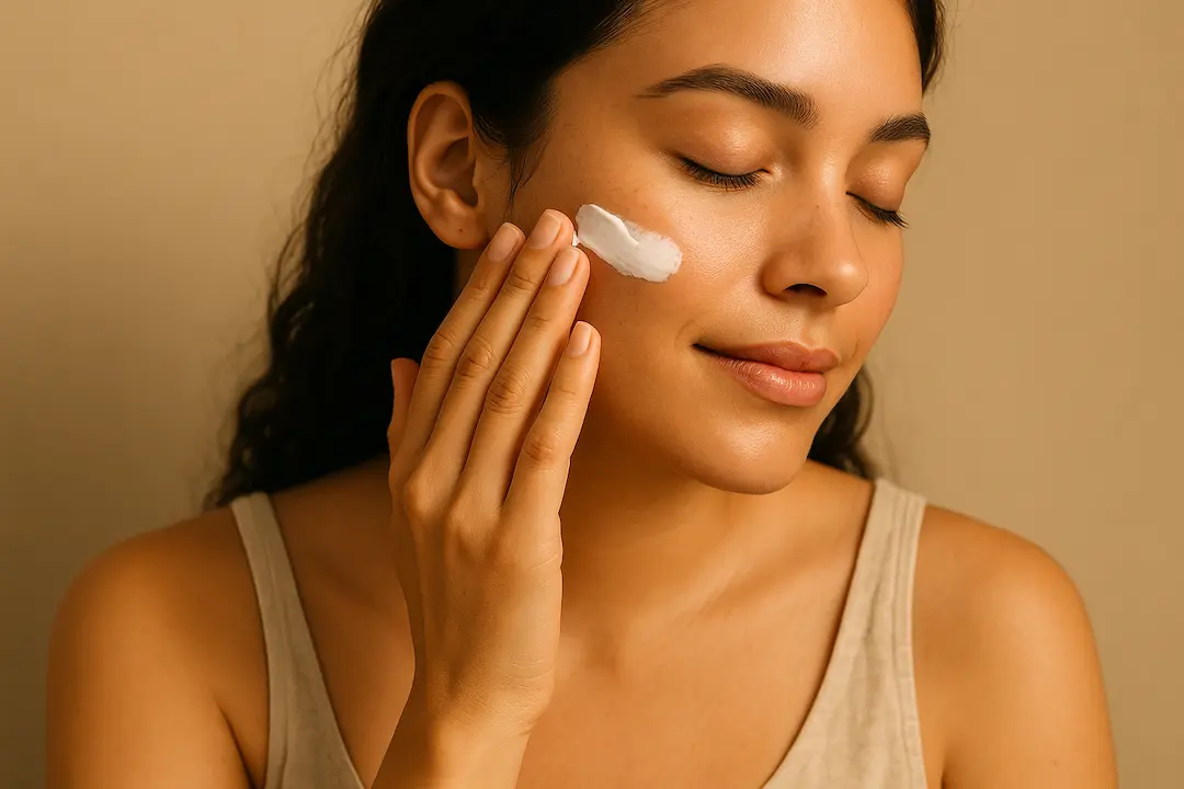 Frau reibt Gesicht mit weisser Creme