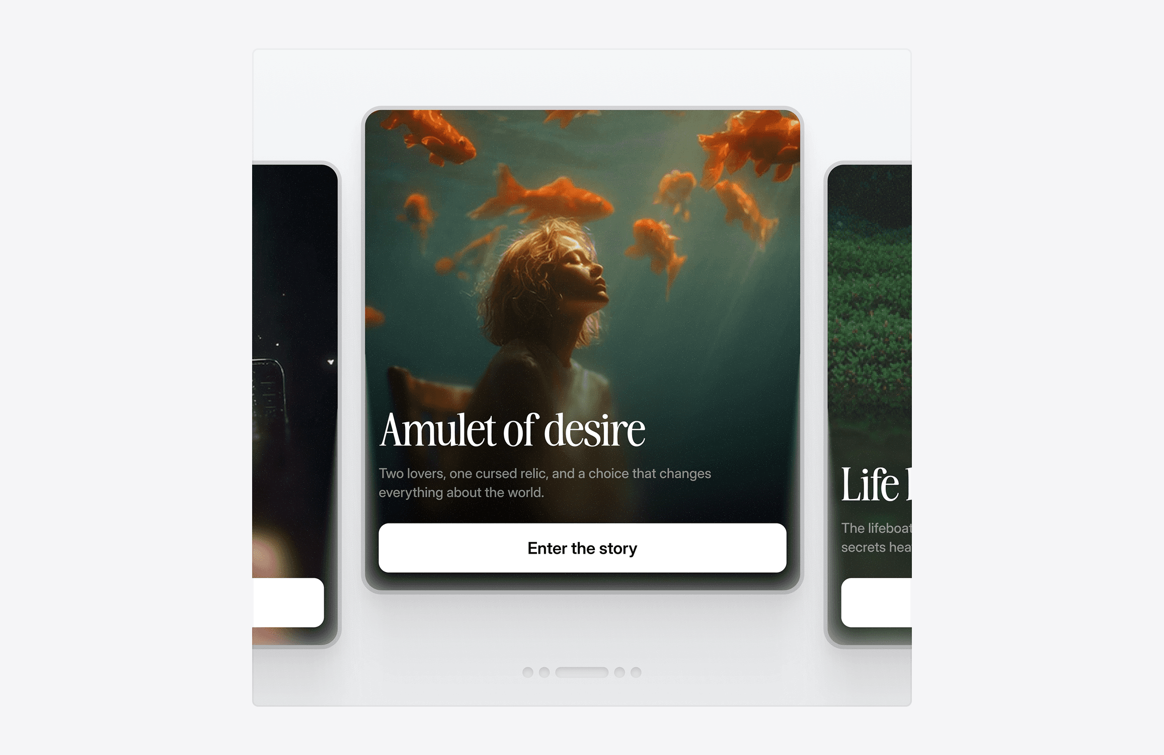 A child gazes upward towards golden fish swimming above in a dimly lit, dream-like aquatic scene, capturing a sense of wonder and tranquility.