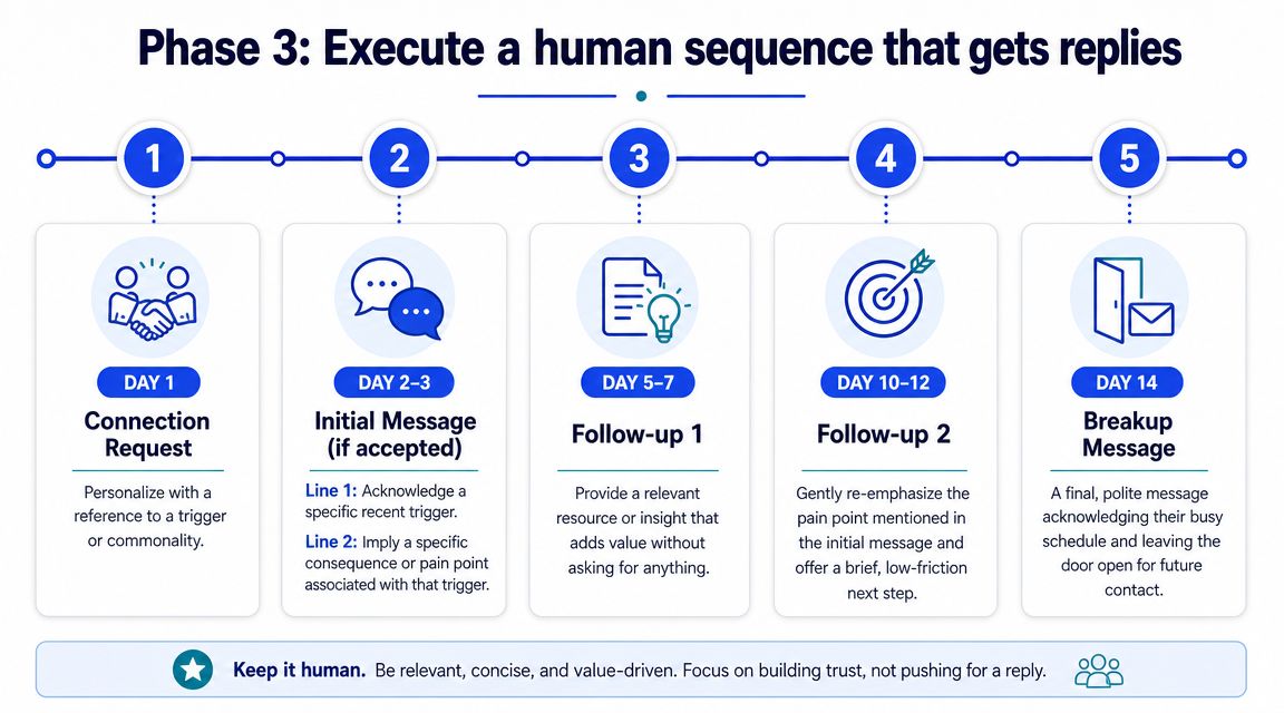 A five-step instructional diagram detailing a human-focused LinkedIn outreach sequence strategy for effective lead generation.