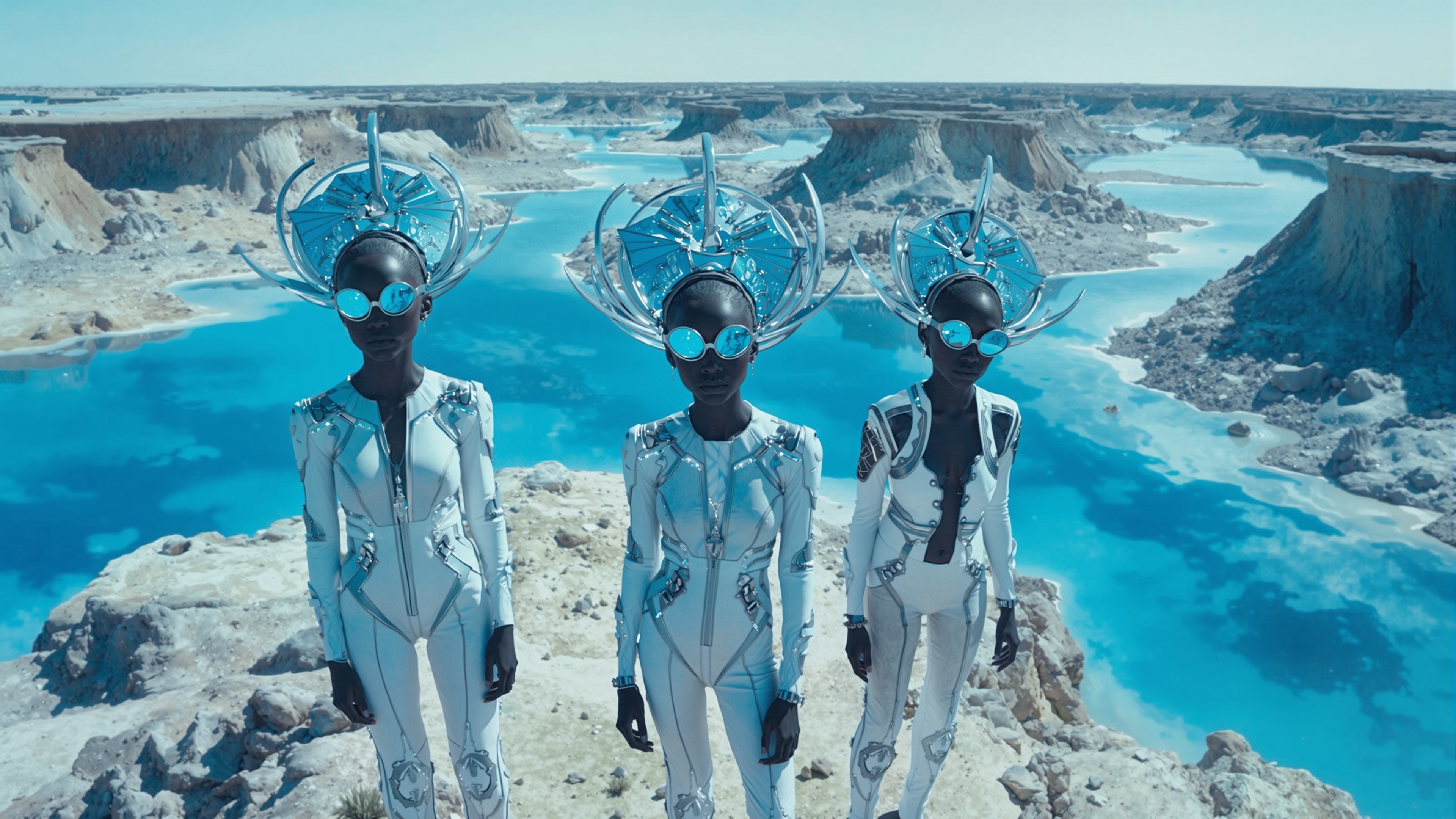 Group of blue figures standing in the desert
