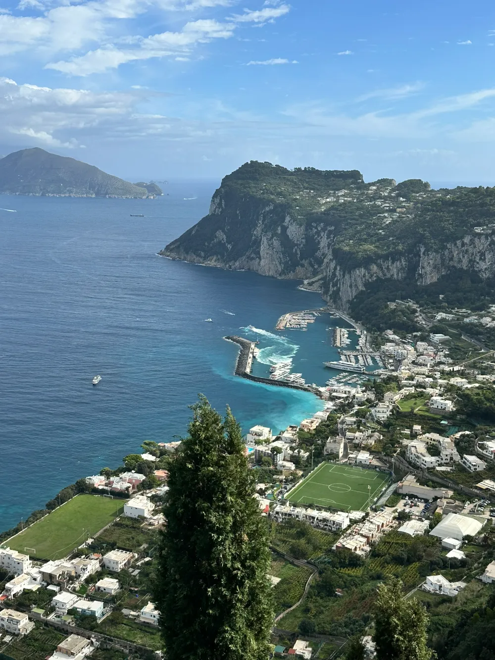 Capri seen from above, with Marina Grande, the harbour and the island's green slopes.