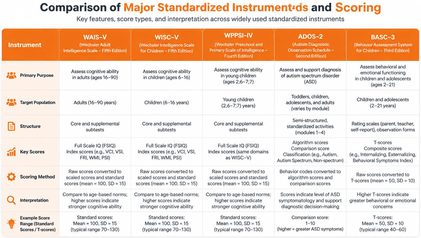 A comparison chart outlining major standardized psychological testing instruments, their purposes, target populations, structures, scoring, and interpretations.
