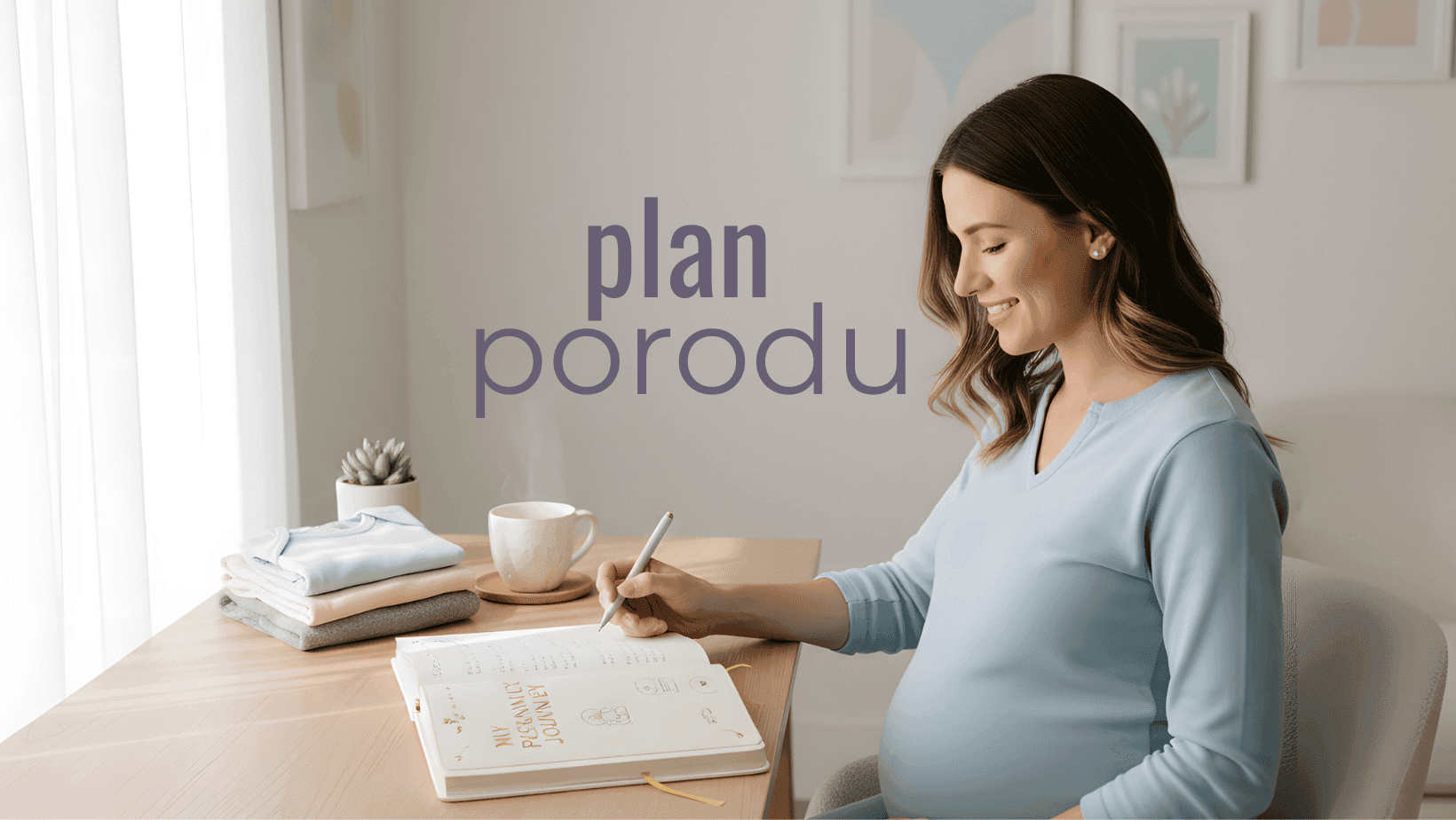 kobieta w ciąży z notatnikiem i długopisem, na zdjęciu napis "plan porodu"