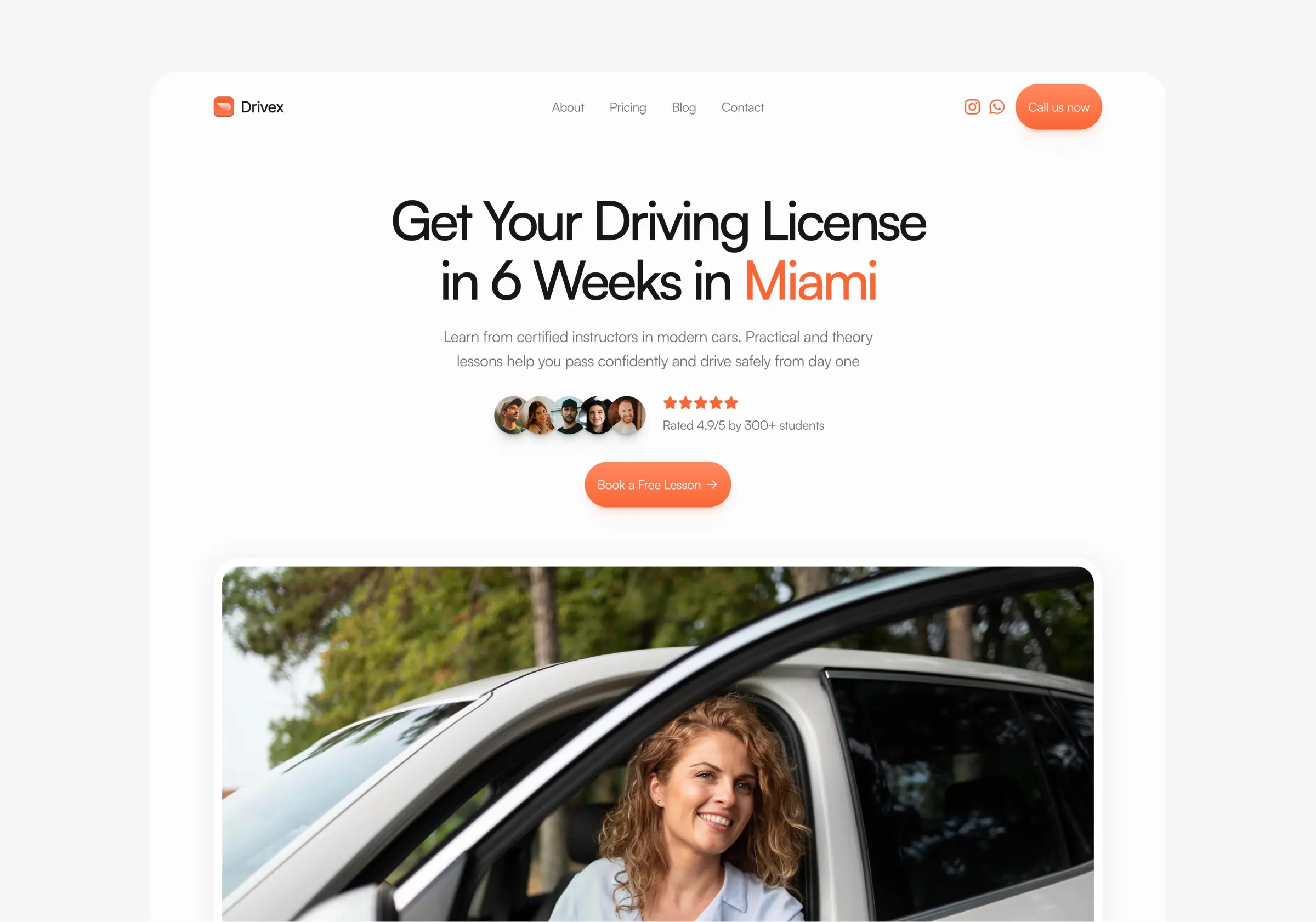 Driving school website template hero section with license booking call to action