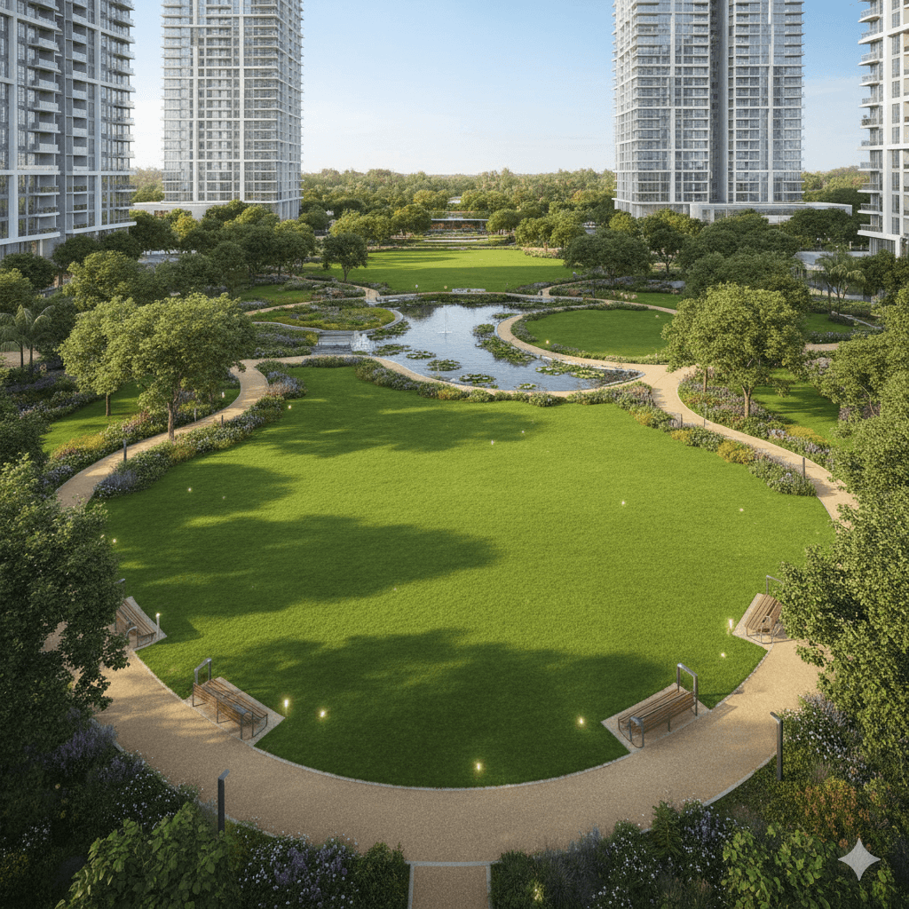 Manicured 4-acre central park, green landscape and walking paths