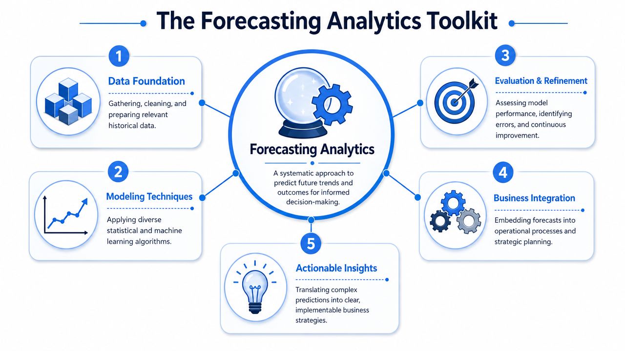 A diagram illustrating the five key steps of a forecasting analytics toolkit process for business decision-making.