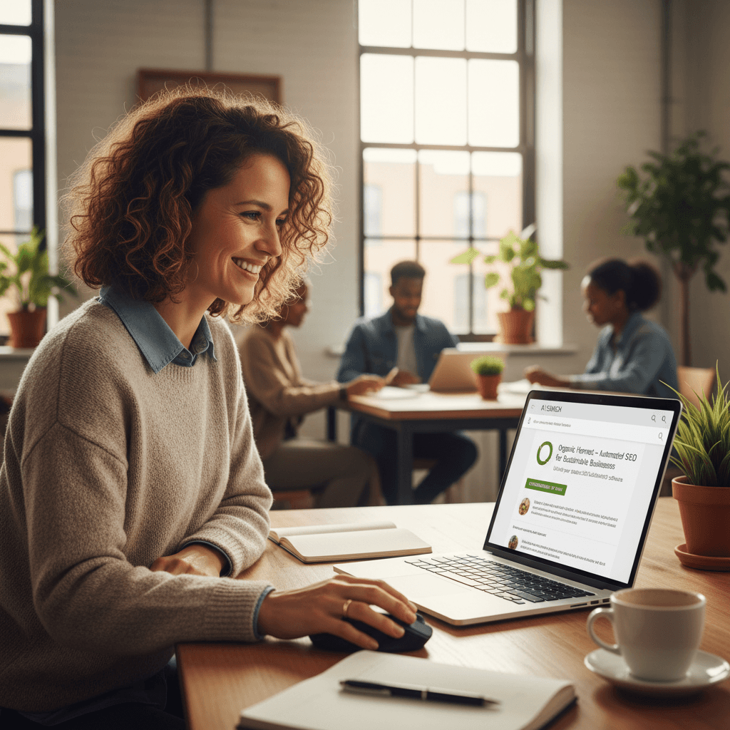 Small business owner seeing their brand recommended by AI search engines using best SEO automation software