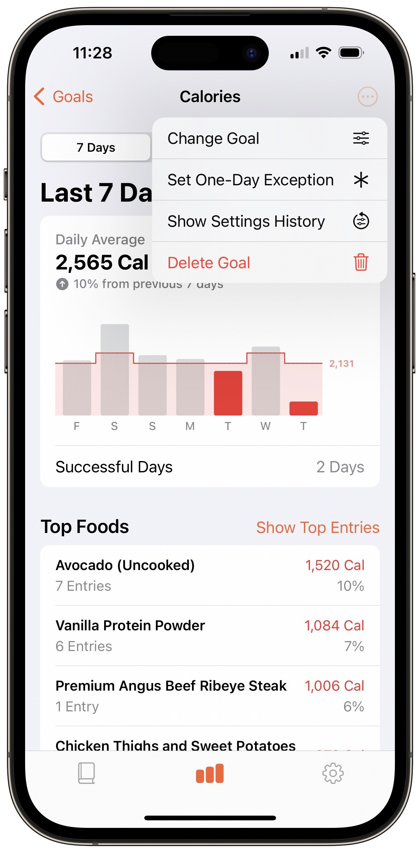 Screenshot of the new context menu open on the goal details screen in the Goals tab