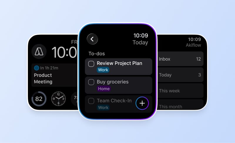 Akiflow Apple Watch app with task lists and a watch-face complication