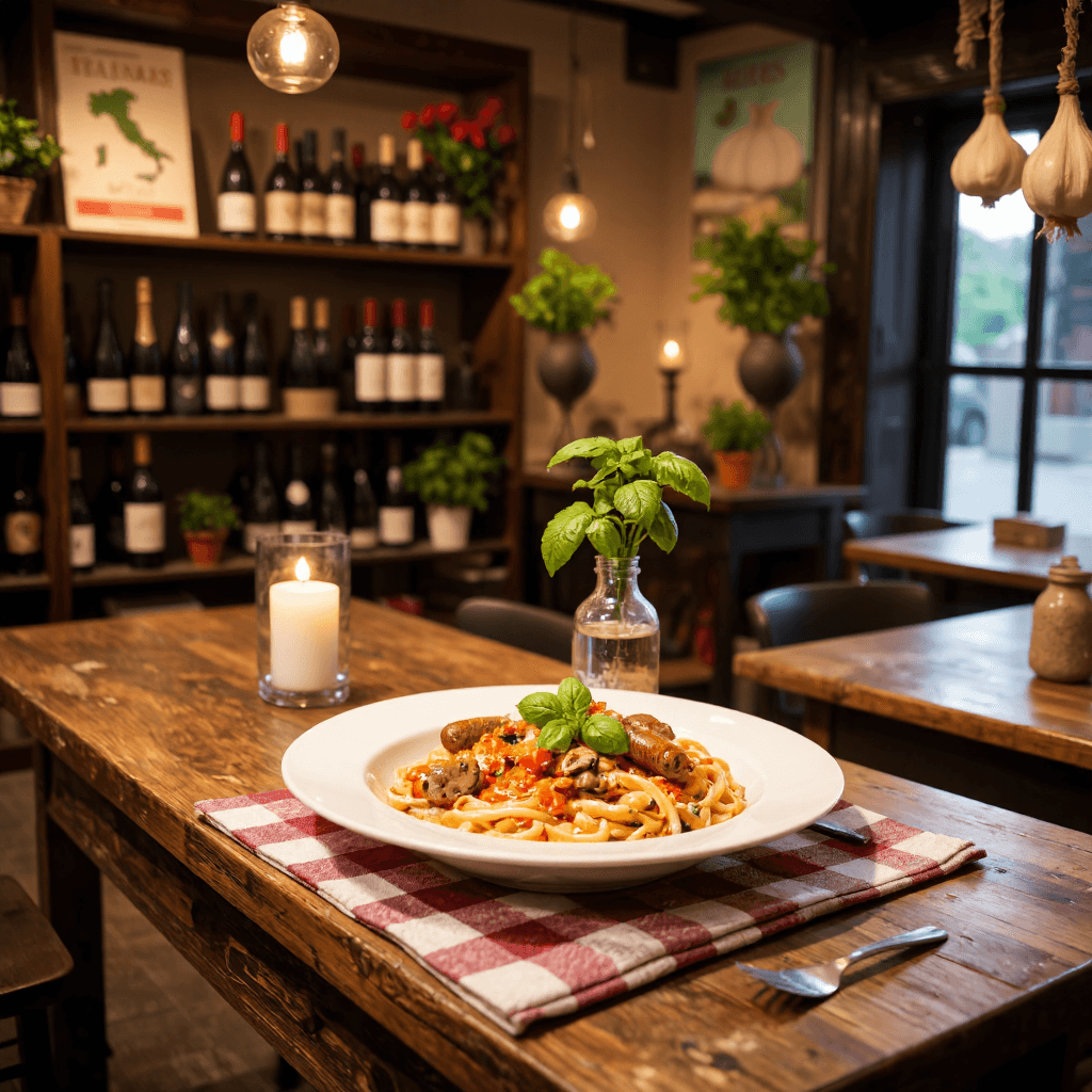 product photography of creamy tomato pasta with sausages and mushrooms