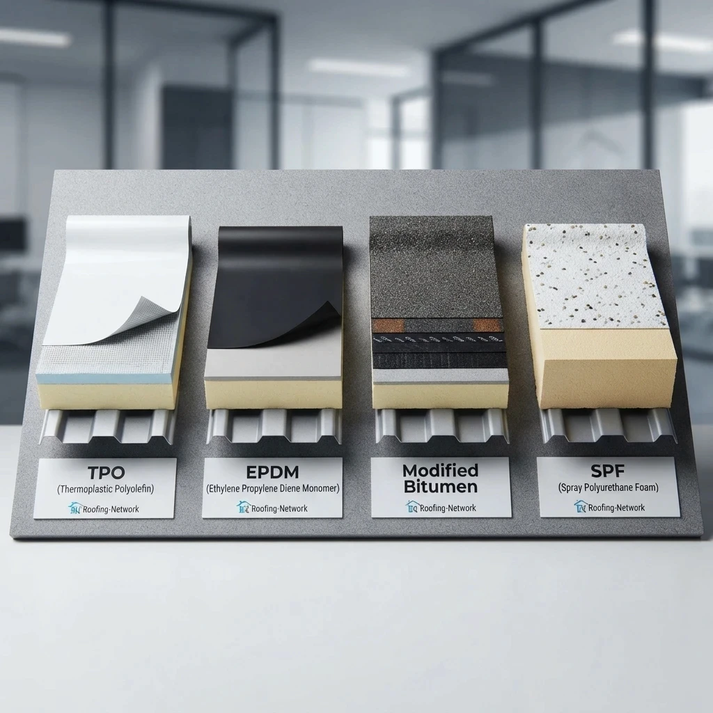 Side-by-side comparison of TPO, EPDM, modified bitumen and SPF commercial roof systems