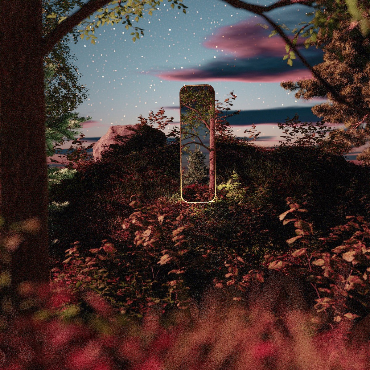 album cover design featuring surreal forest scene at dusk with a vertical mirror reflecting a tree, set against a starry sky with purple clouds.