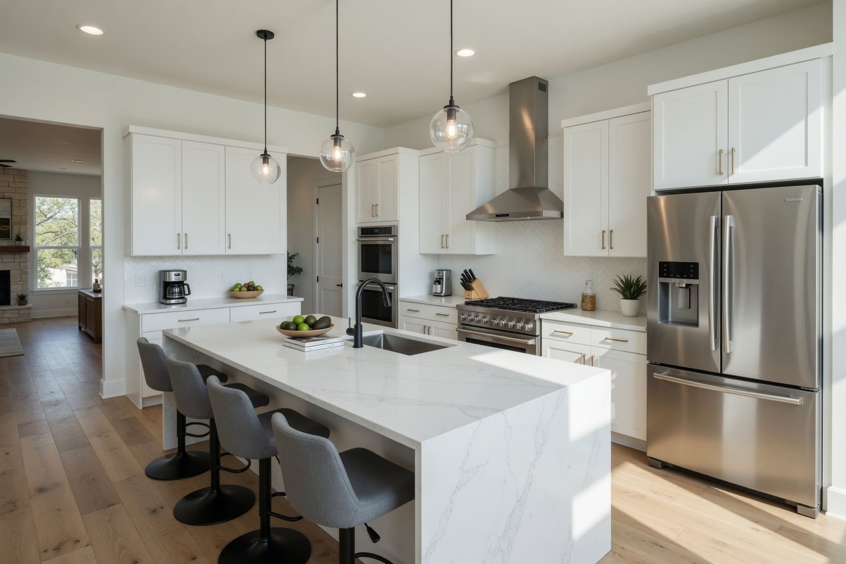 Kitchen with large marble island and stainless steel appliances