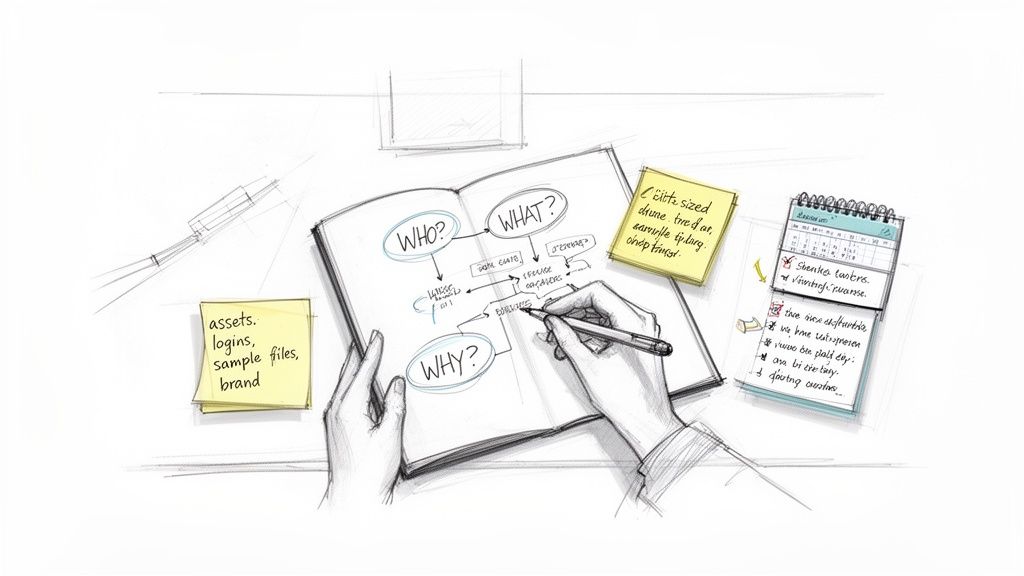 Overhead view of hands sketching a 'Who, What, Why' mind map in a notebook with sticky notes.