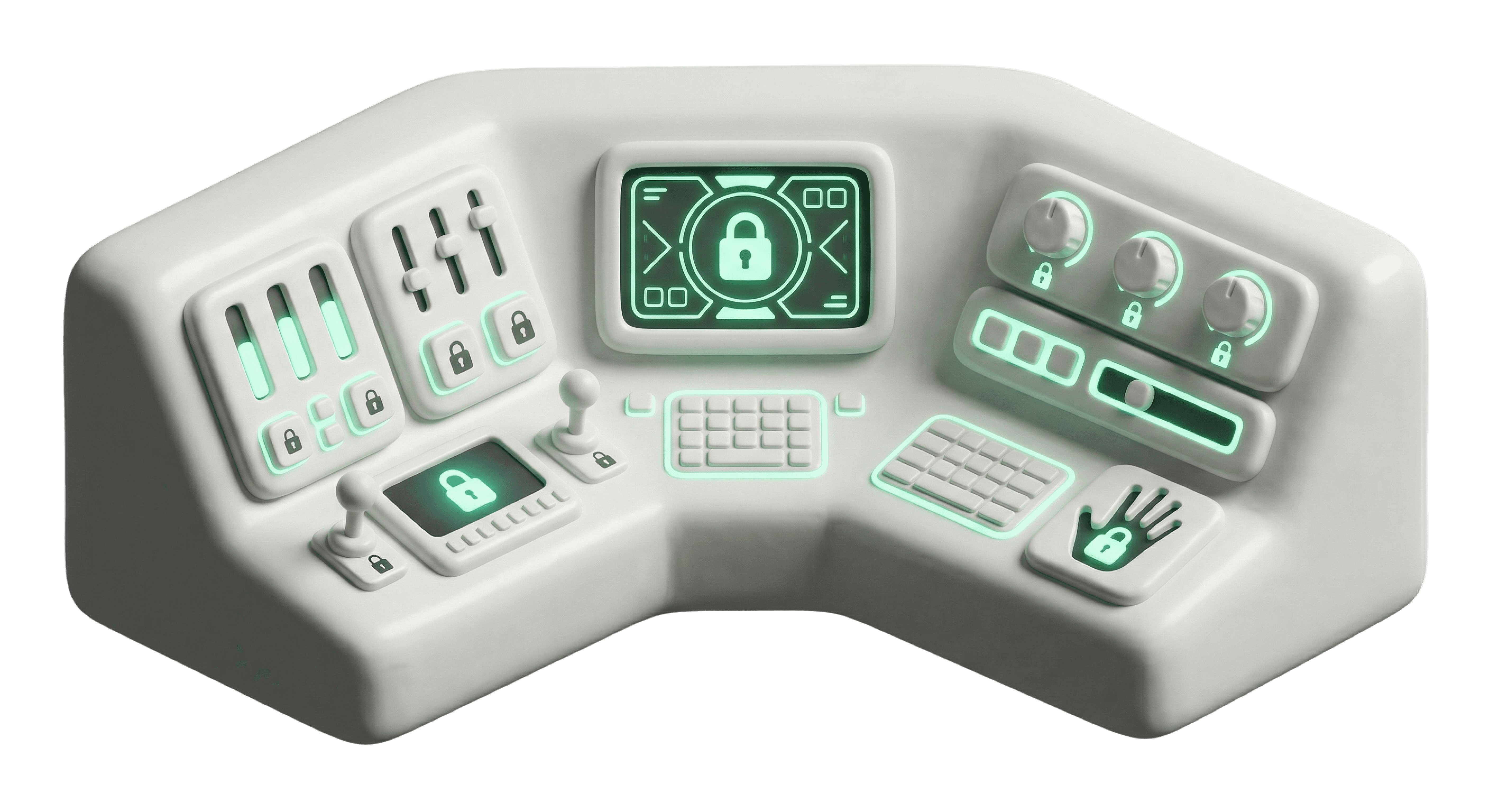 3D rendered white control console with glowing green screens, sliders, and padlock icons, symbolizing cybersecurity, automated data protection, and administrative oversight.