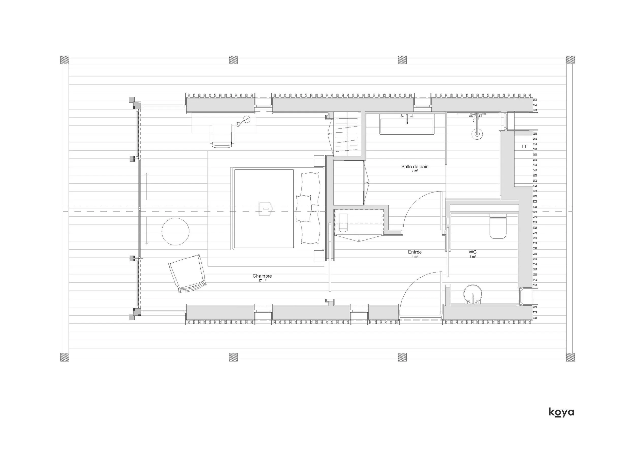 Plan d'aménagement intérieur de l'écolodge Koya 34 m², chambre et salle de bain