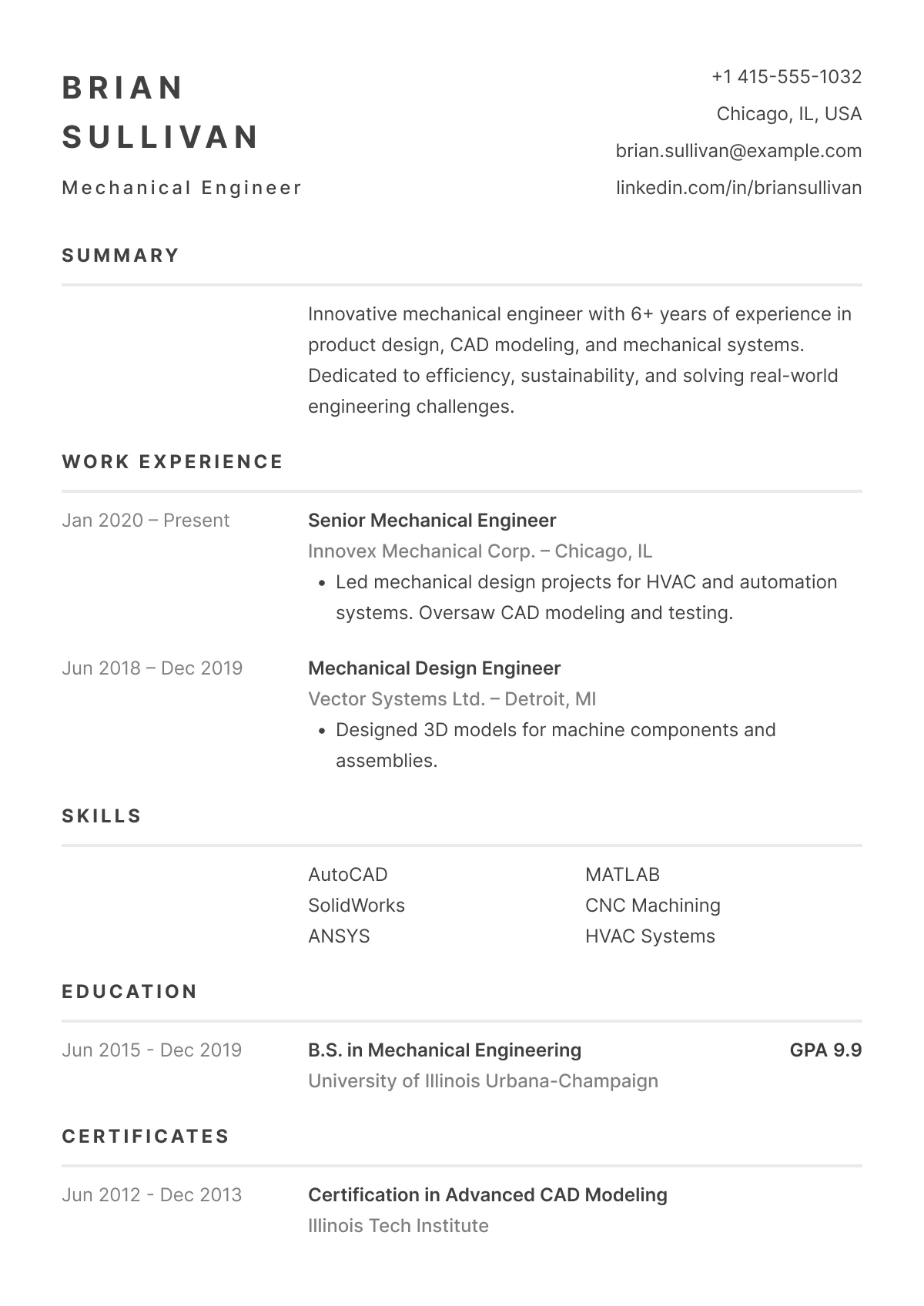 esume preview of [Template Name] layout, includes summary, experience, education, and skills sections