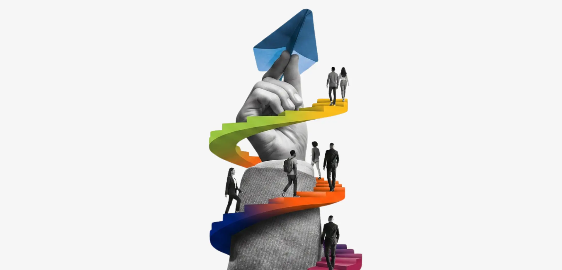 Mixed-media collage of a hand holding a blue paper plane above a colourful spiral staircase with figures ascending, illustrating the leadership journey through cultural maturity