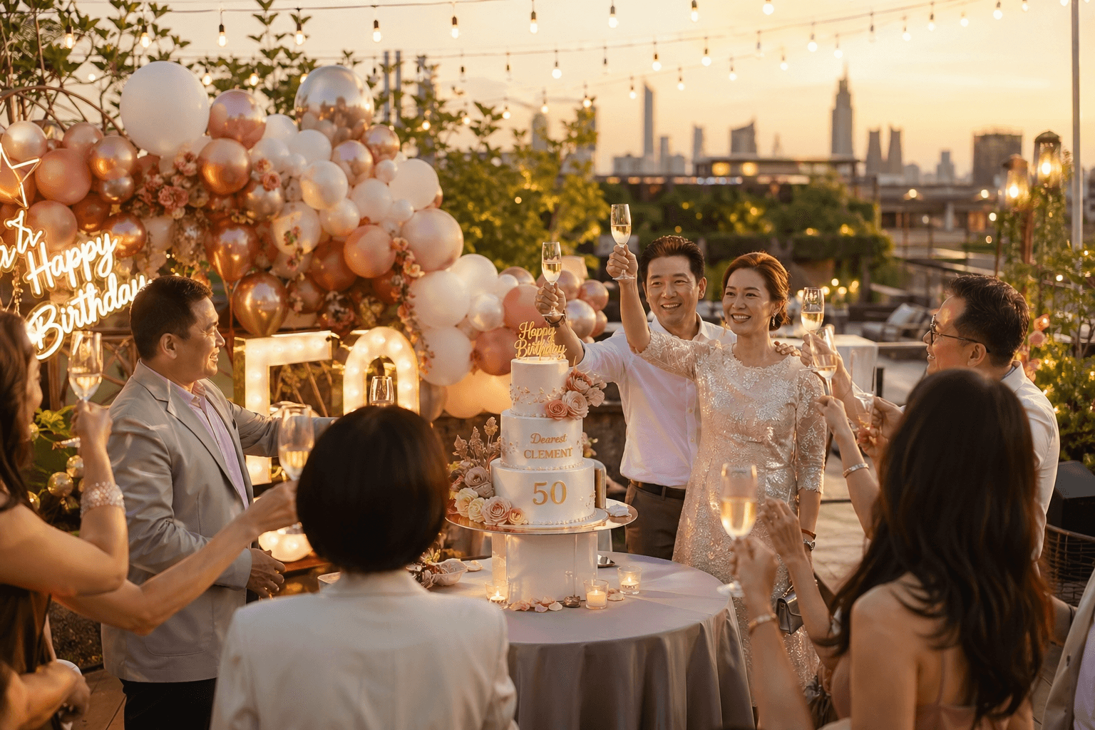 香港私人派對策劃，精緻天台50歲生日派對統籌佈置，賓客舉杯慶祝，配以氣球裝飾及夕陽城市天際線美景。