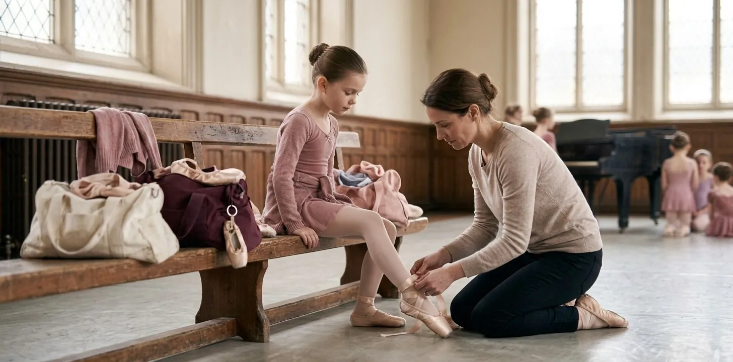 A mother kneeling to tie her daughter’s ballet shoe ribbons on a bench