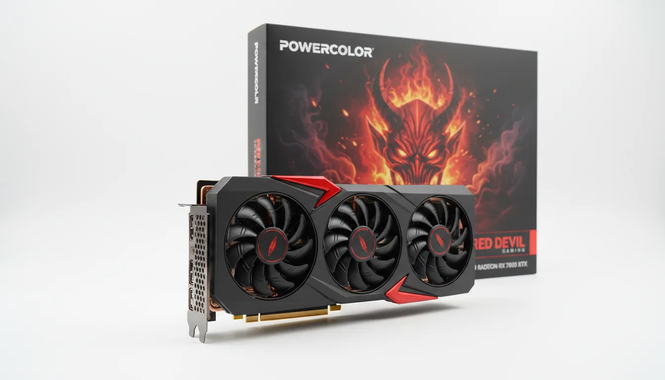 DSLR product photography of a high-end PowerColor Red Devil AMD Radeon graphics card, positioned in front of its retail box on a seamless white studio background. Soft studio lighting creates even highlights on the matte black, triple-fan cooling shroud and its sharp, red metallic accents. The graphics card is in sharp focus in the foreground, while its black and red retail box sits behind it, displaying dramatic artwork of a stylized red demonic mask and placeholder branding text. The composition is clean, professional, and high-detail.