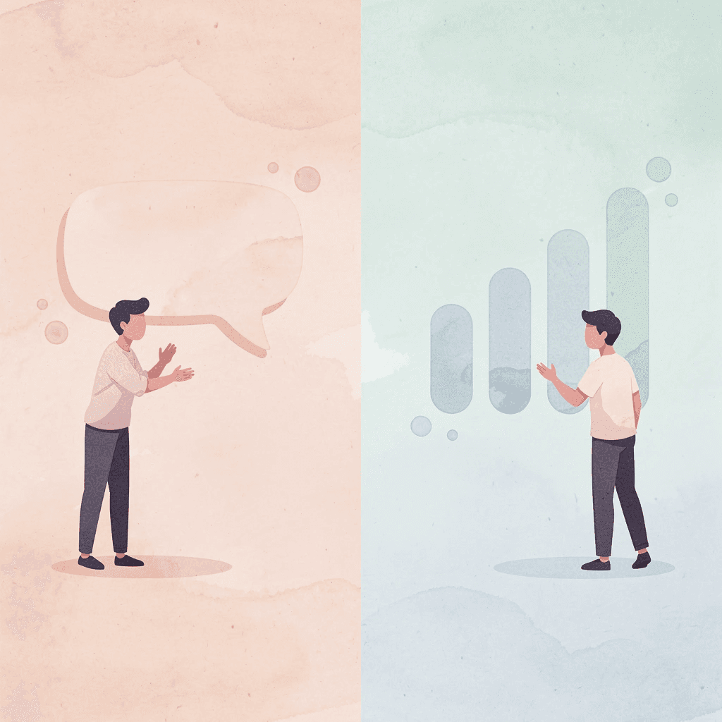 Split scene showing hesitant vs confident conversation