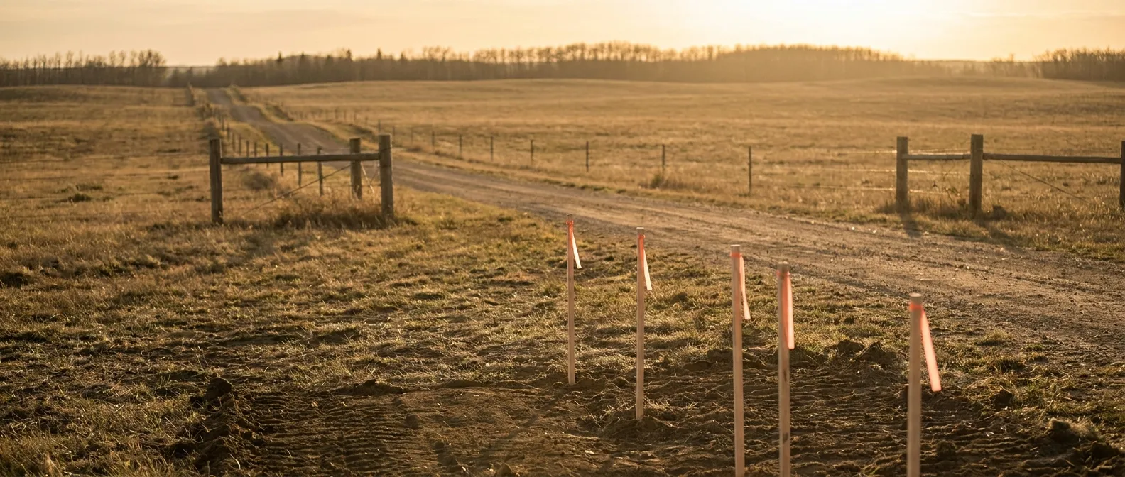 Sunlit rural road with pathway markers by RockN' Socials Digital Marketing Agency.