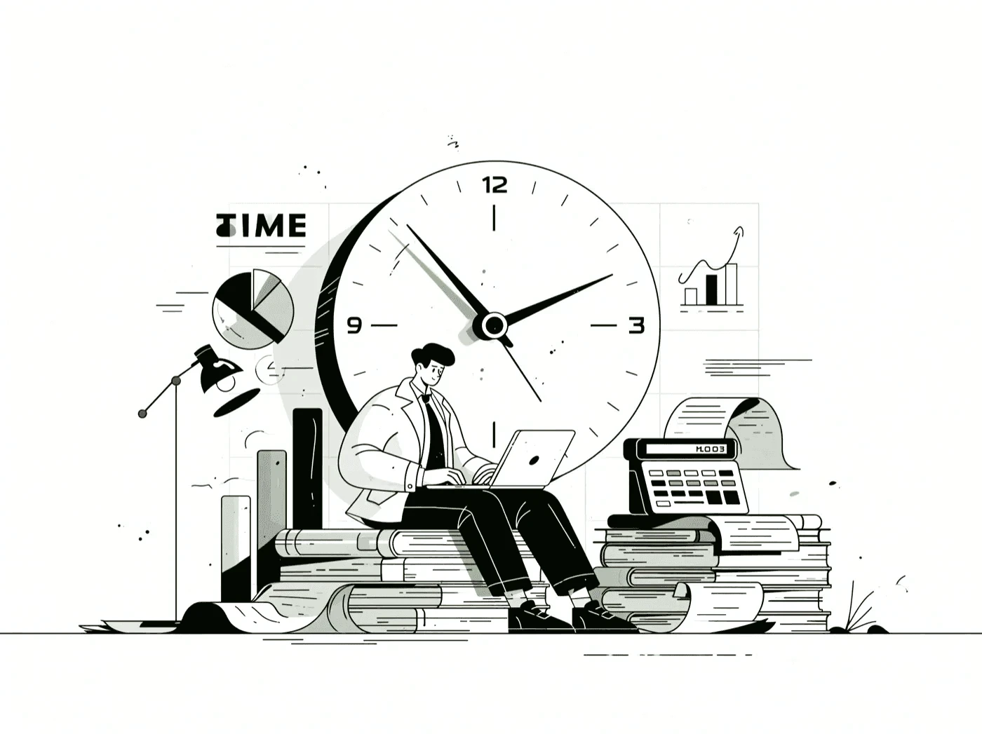 Line illustration of a person working on a laptop atop a stack of books, beside a large clock and a calculator printing a long receipt