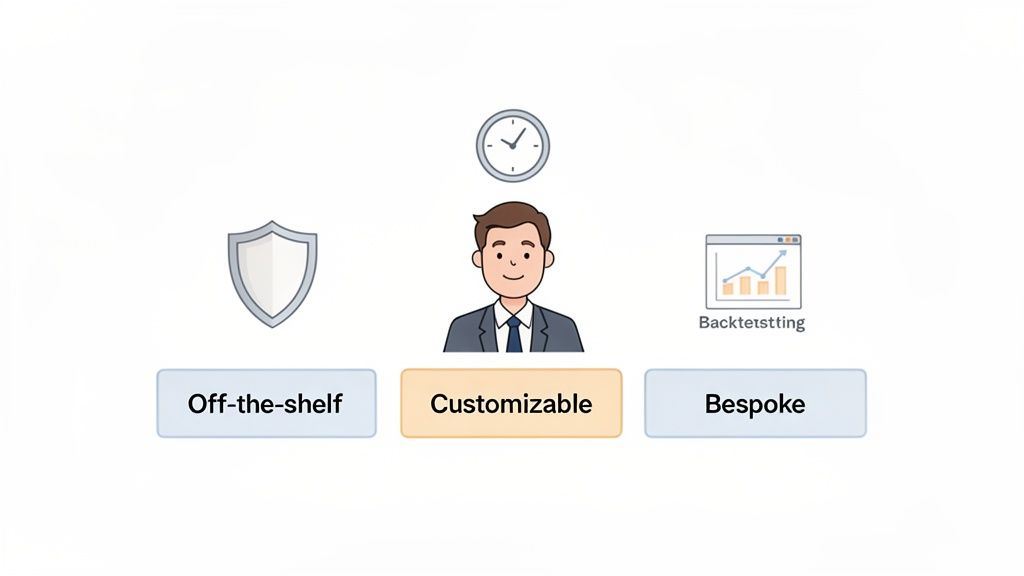 Diagram showing 'Off-the-shelf,' 'Customizable,' and 'Bespoke' options with icons for security, tailoring, and performance backtesting.