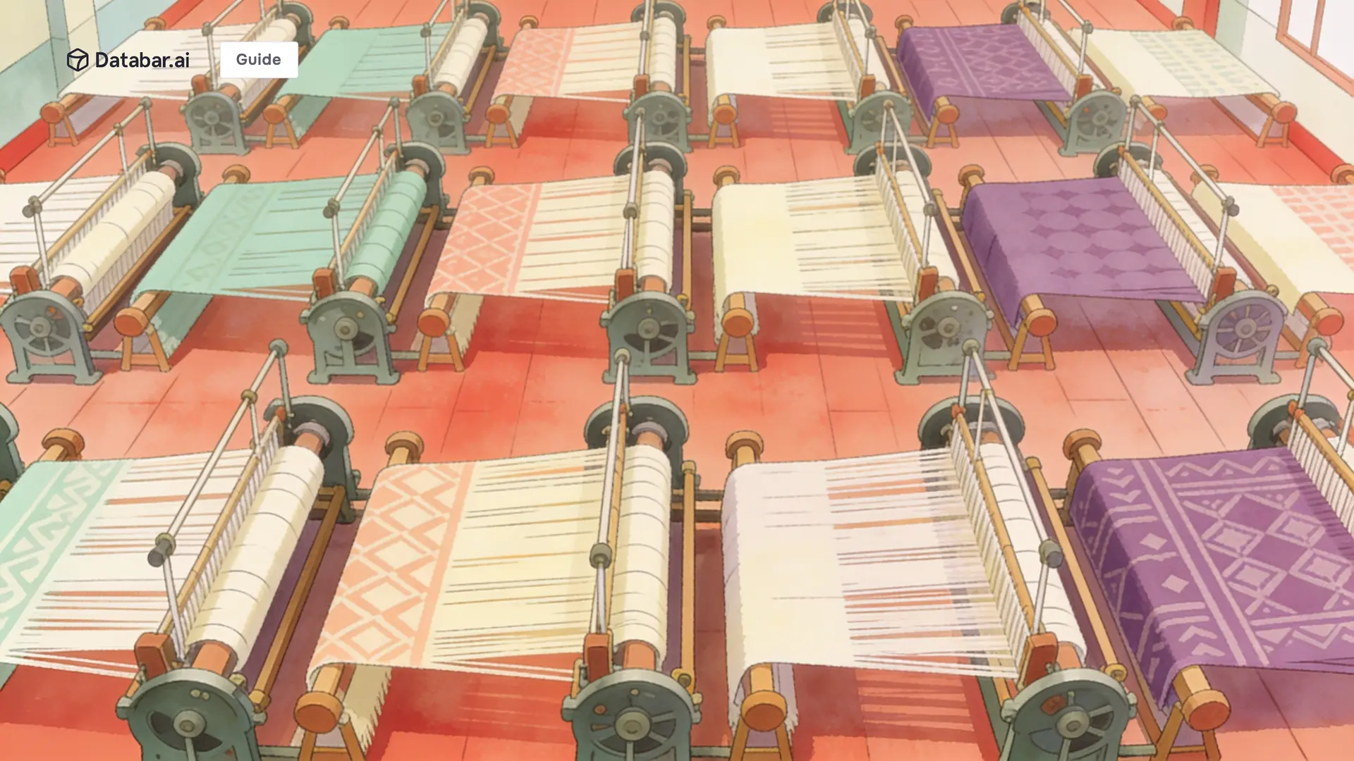 Aerial illustration of looms weaving different patterns from one shared warp — AI email personalization at scale
